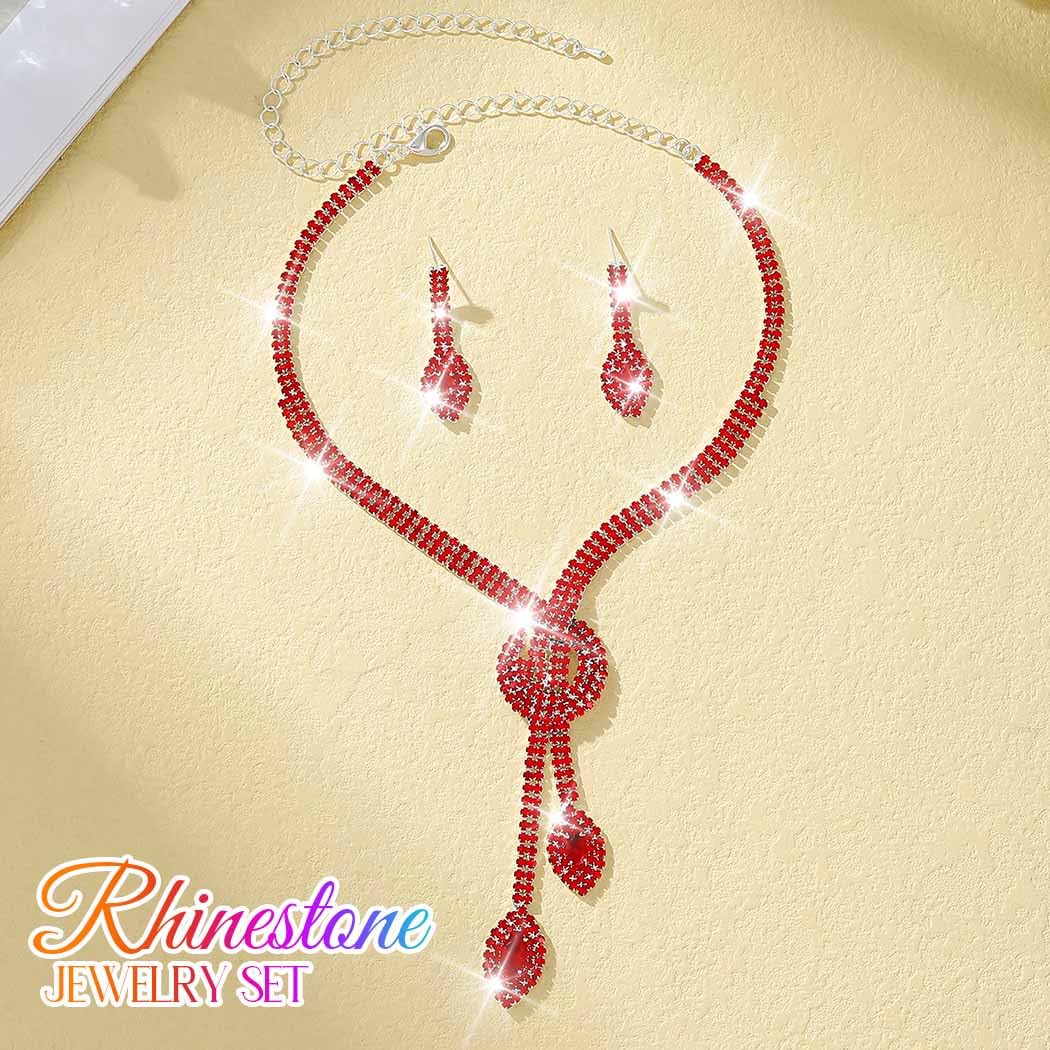 Unicra Red Rhinestone Bridal Wedding Jewelry Set Crystal Necklace Earrings Sets Formal Prom Costume Jewelry Sets for Women and B