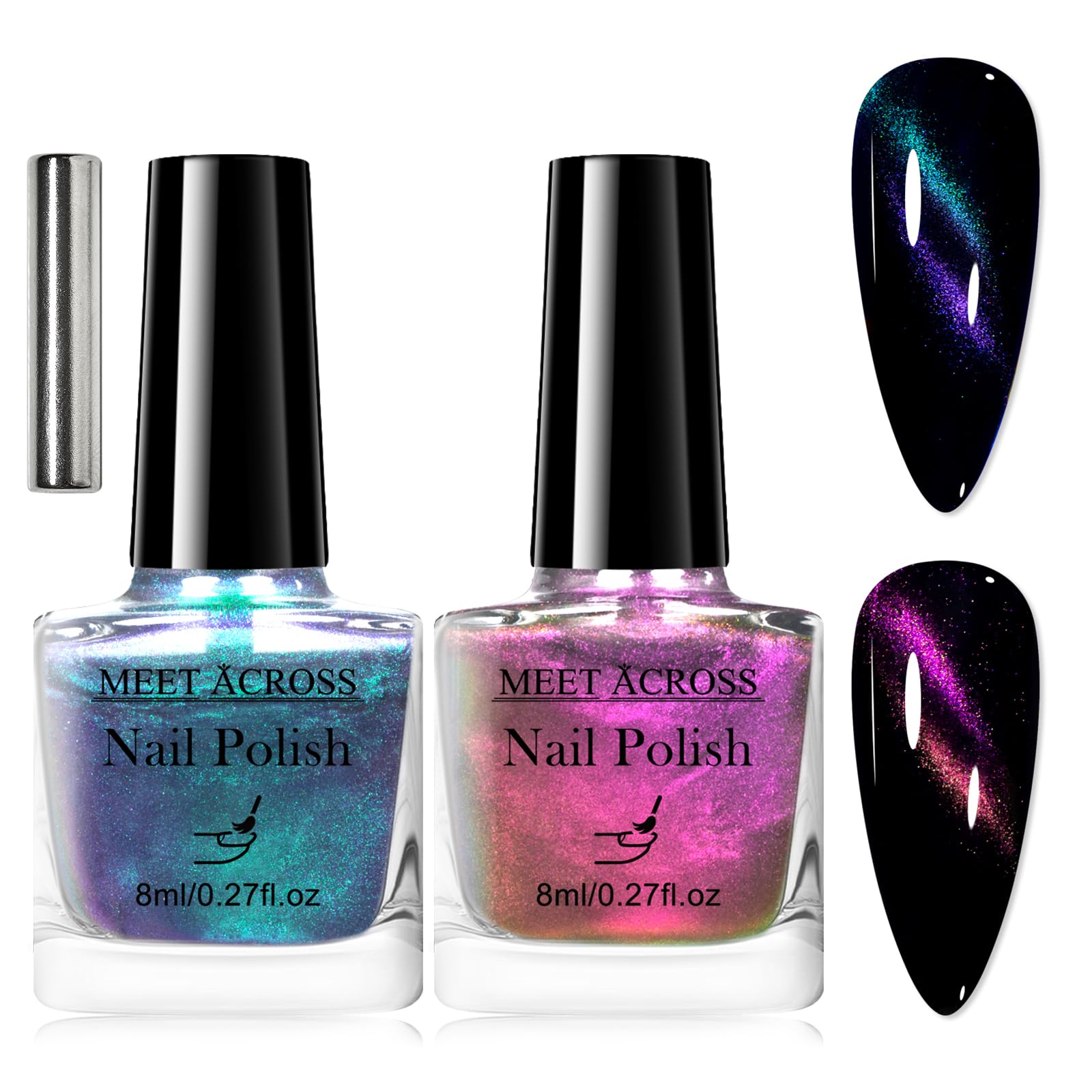 MEET ACROSS 3Pcs Magnetic Nail Polish with Magnetic Stick Kit, Glitter Nail Polish Non Gel, Quick Dry 2 Colors (Blue+Red)