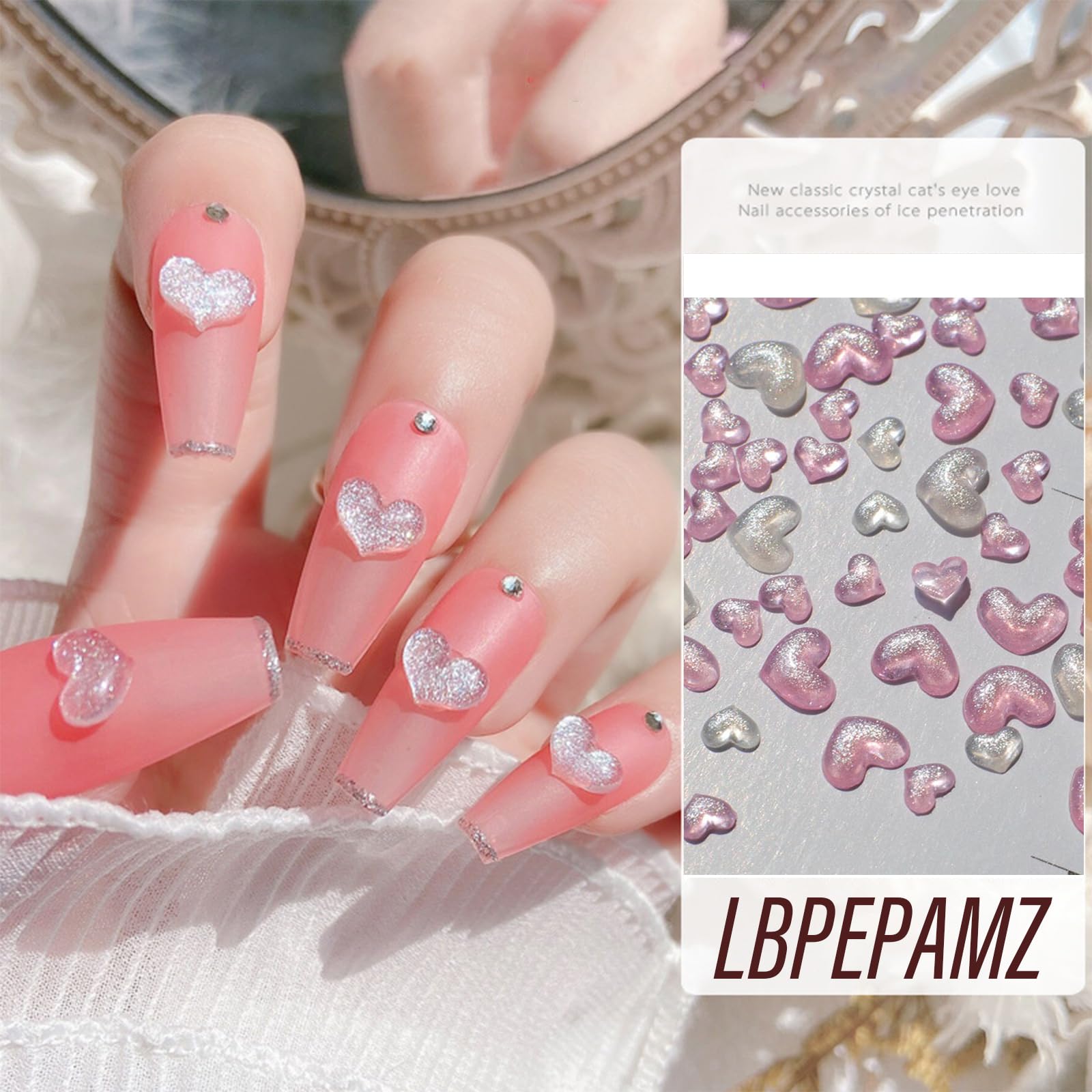 Lbpepamz 200Pcs Mixed Size Colorful Heart Nail Art Charms 3D Shining White Pink Flat Valentine'S Day Nail Charms Love Heart Resi