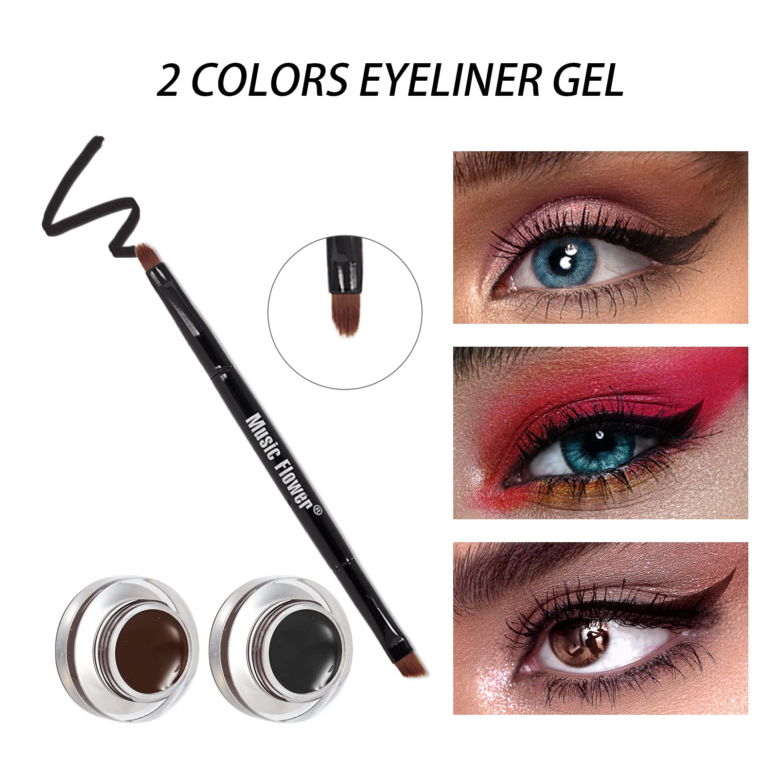 Music Flower Gel Eyeliner Eyebrow Powder, Black And Brown Waterproof Smudgeproof Long Lasting Makeup Eyeliner Gel With Brush Mir
