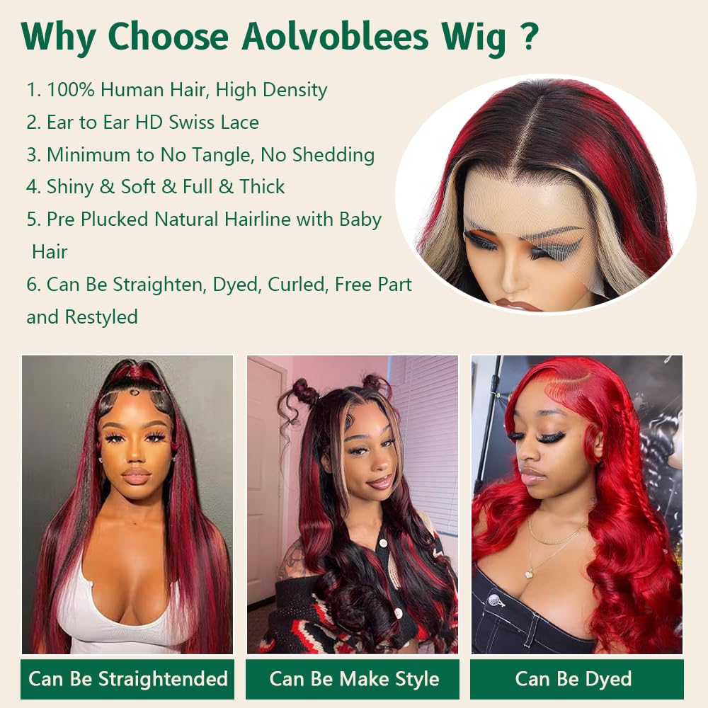 Aolvoblees Red Blonde Black Skunk Stripe Human Hair Wig 250% Density 13X4 Body Wave Highlight Burgundy Ombre HD Lace Front Front