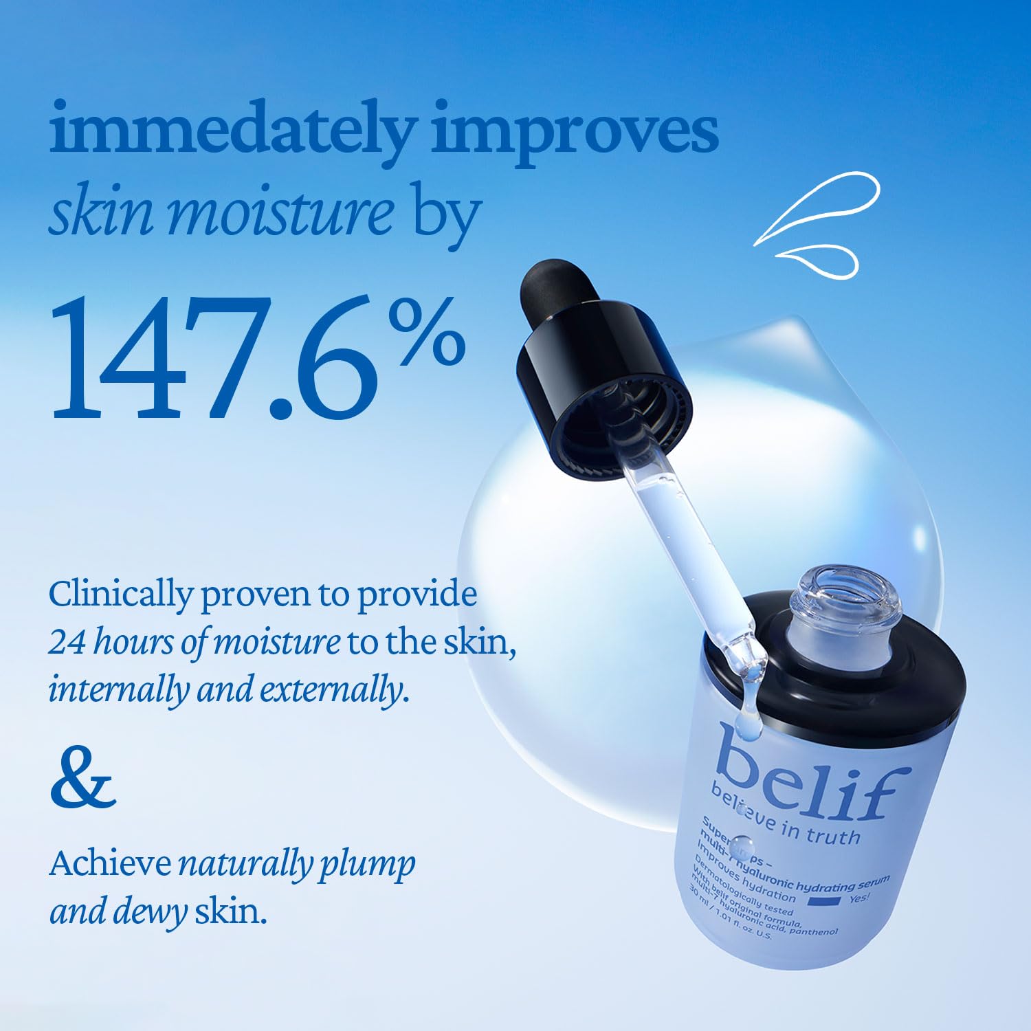 Belif Super Drops Multi-7 Hyaluronic Hydrating Serum - 24-Hr Moisturization, Hyaluronic Acid, Panthenol, Lightweight Daily Essen