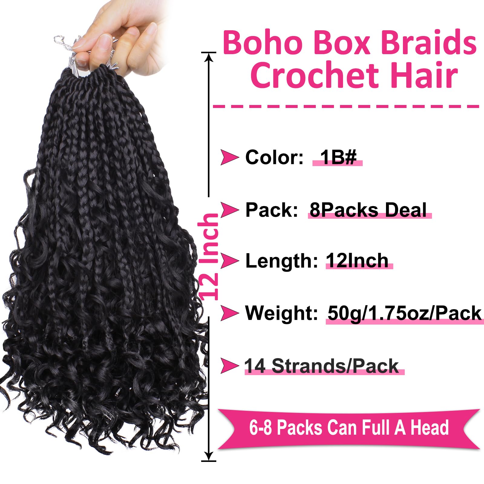 Unionbeauty 8 Packs Boho Box Braids Crochet Hair 12 Inch Goddess Box Braids Crochet Hair With Curly Ends Bohemian Hippie Box Bra