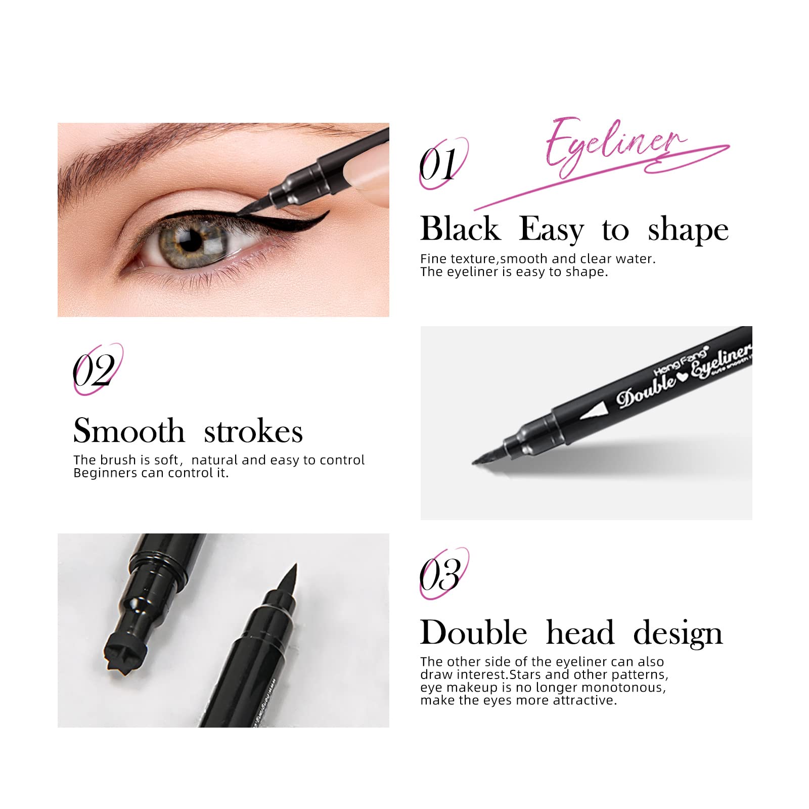 Lamuseland Eyeliner Stamp Wingliner, Waterproof Smudge-Proof Liquid Eye Liner Gel Pen Set, Long Lasting Heart Black Thin Double