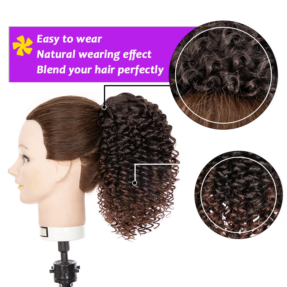 Rosmile Short Kinky Curly Ponytail Extension For Black Women, 10 Inch Ombre Natural Black To Brown Drawstring Curly Ponytail Wit