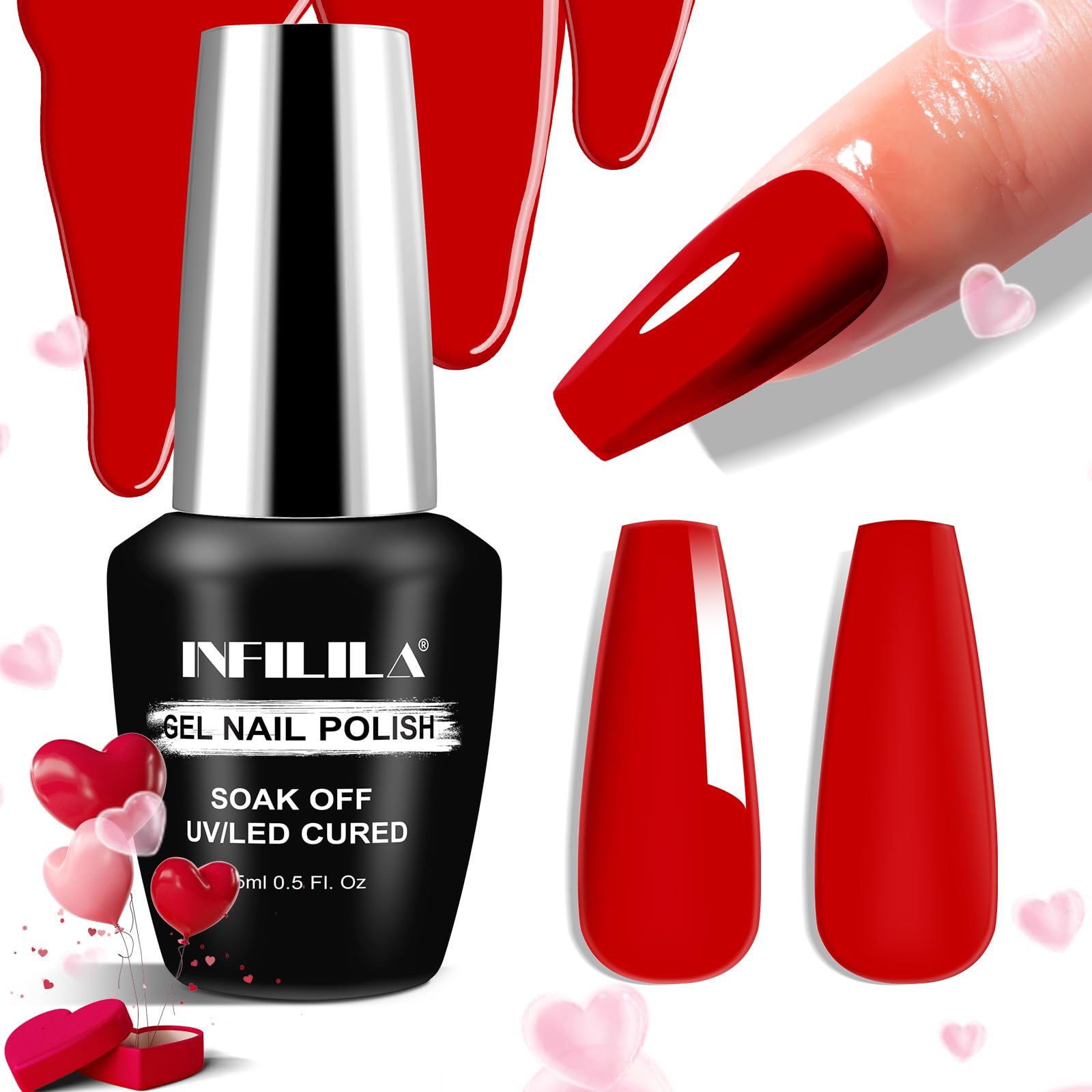 NXJ INFILILA Red Gel Nail Polish, 15ml 0.51oz Bright Red Gel Polish Gift for Women High Gloss Soak Off UV Gel Nail Manicure Salo