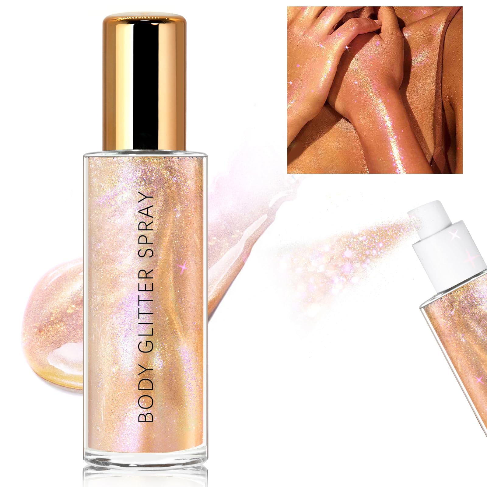 HOSAILY Body Glitter Spray, Moisturizing Bronze Body Shimmer Luminizer Glow Illuminator Quick-Drying and Non-Sticky Glitter Spra