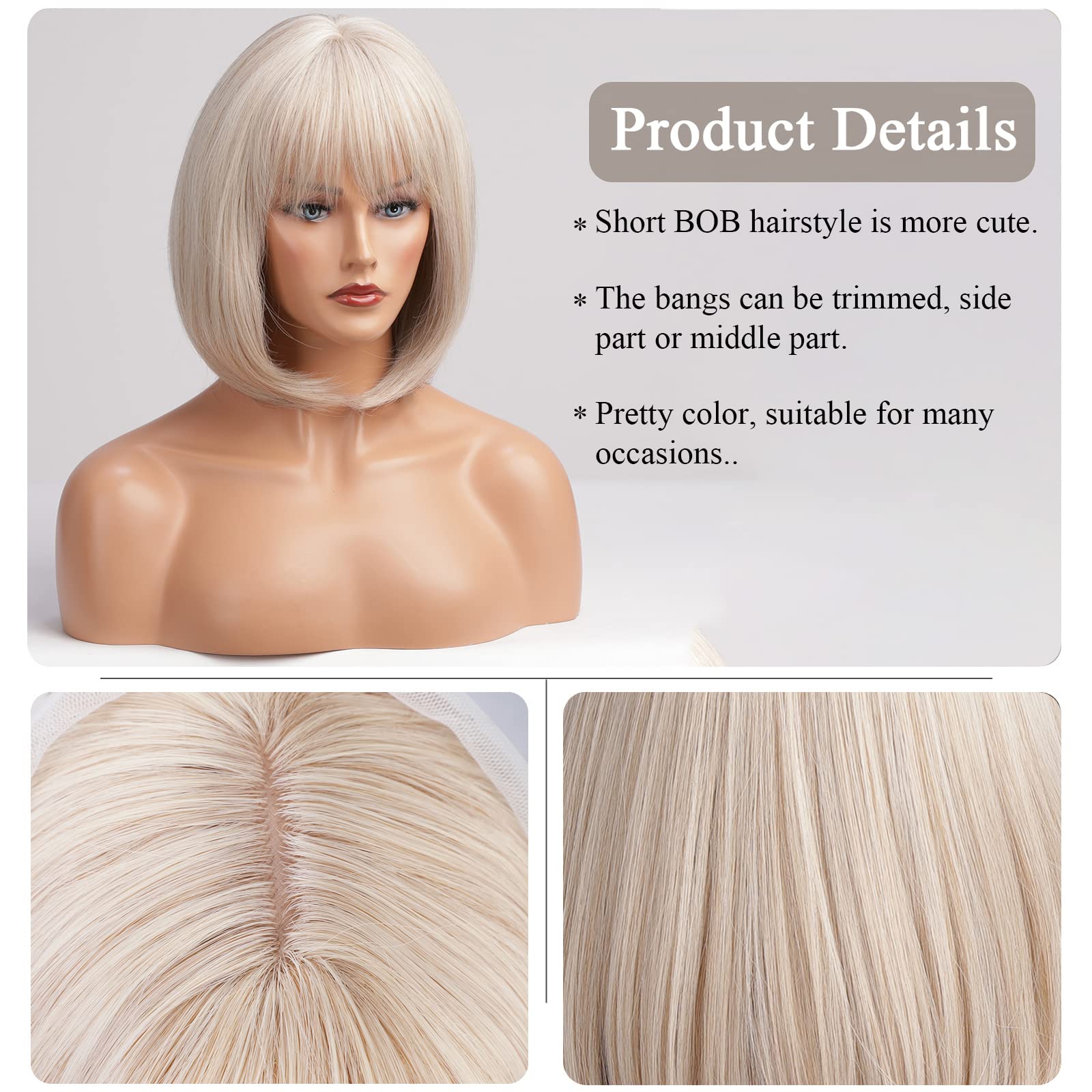 Haircube 12 Inch Blonde To White Bob Wigs With Bangs Ombre To Blonde Hair Synthetic Heat Resistant For Women