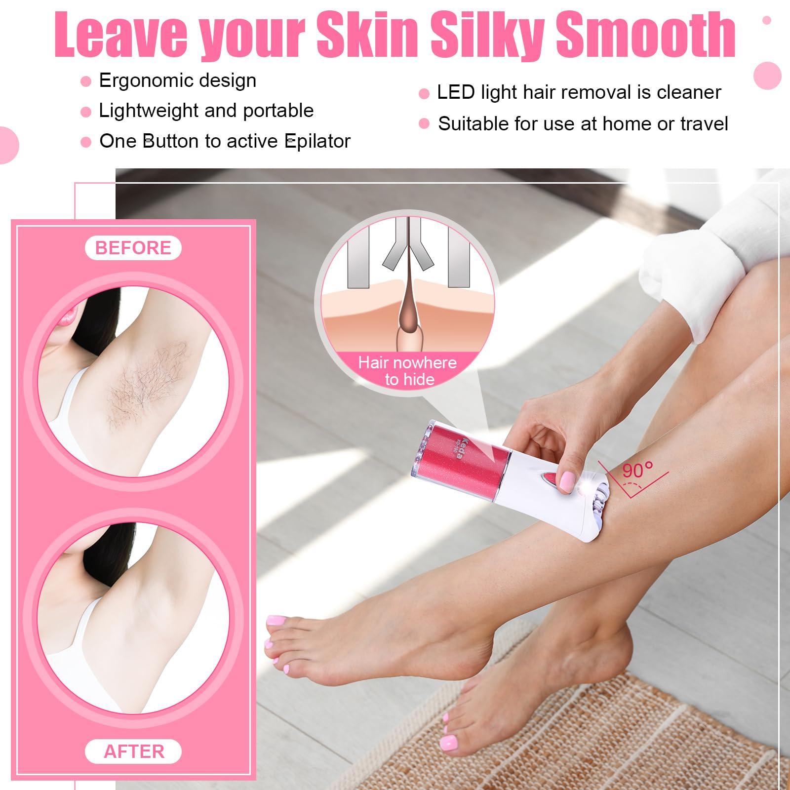 Tondiamo 4 Pcs Epilator Hair Removal for Women with Light Smooth Glide Epilator LED Face Hair Facial Remover Epilator Bikini Leg