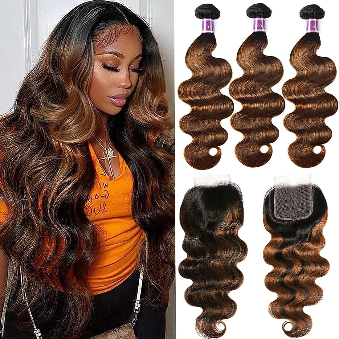 Unice Brown Highlight Body Wave Human Hair 3 Bundles With 4X4 Lace Closure, Fb30 Color 18 20 20+16 Closure, Brazilian Remy Hair