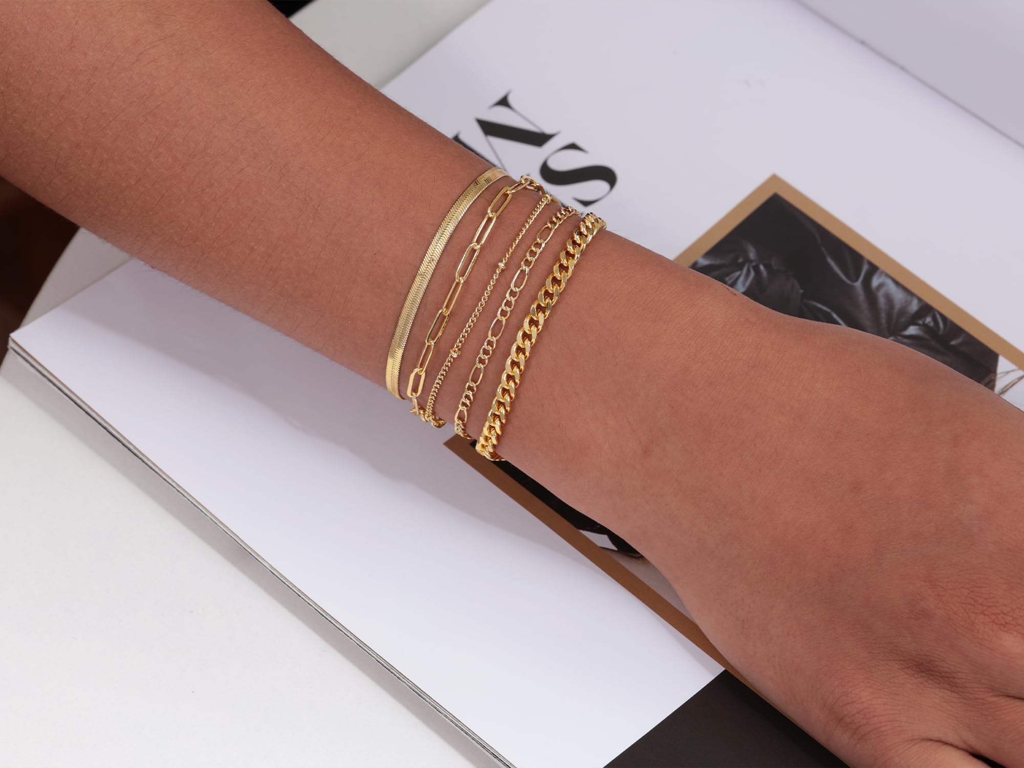 DEARMAY 14K Gold Plated Bracelets for Women Jewelry Sets Stack Trendy Dainty Stackable Paperclip Rope Snake Box Figaro Chain Bra