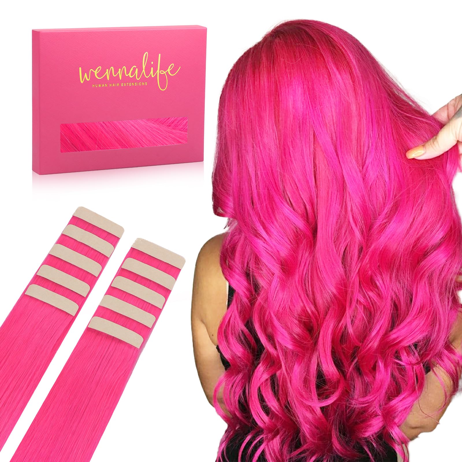 Wennalife Tape In Hair Extensions Human Hair Hot Pink Tape In Extensions, 10Pcs 20G 12 Inch Remy Invisible Tape Ins Straight Col