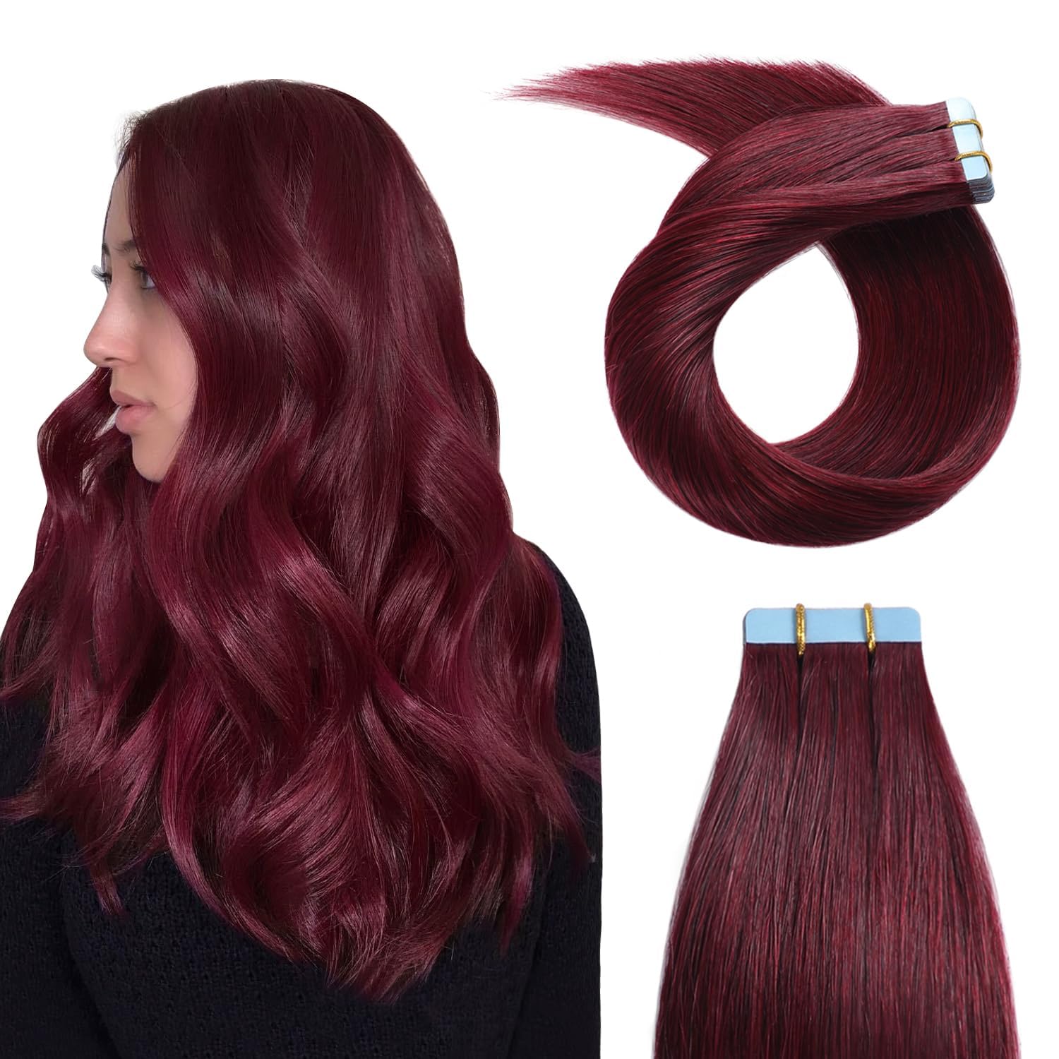 Yilite Burgundy Tape In Hair Extensions Human Hair, 26Inch 60G 20Pcs Red Tape In Hair Extensions Remy Human Hair,Seamless Skin W