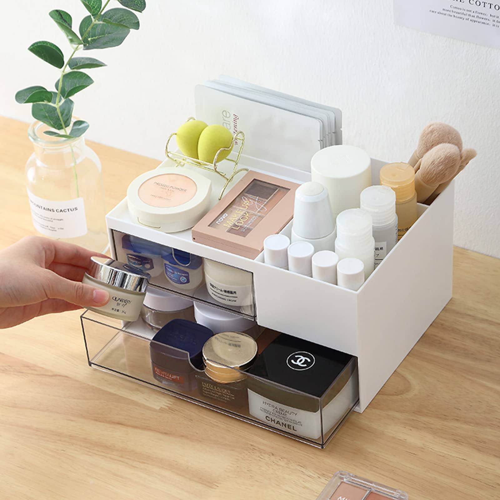 Milulugo Makeup Organizer With 2 Drawers, Desk Organizer, 4 Compartments, Cosmetics Storage Box For Nail Polish,Lipstick, Brushe