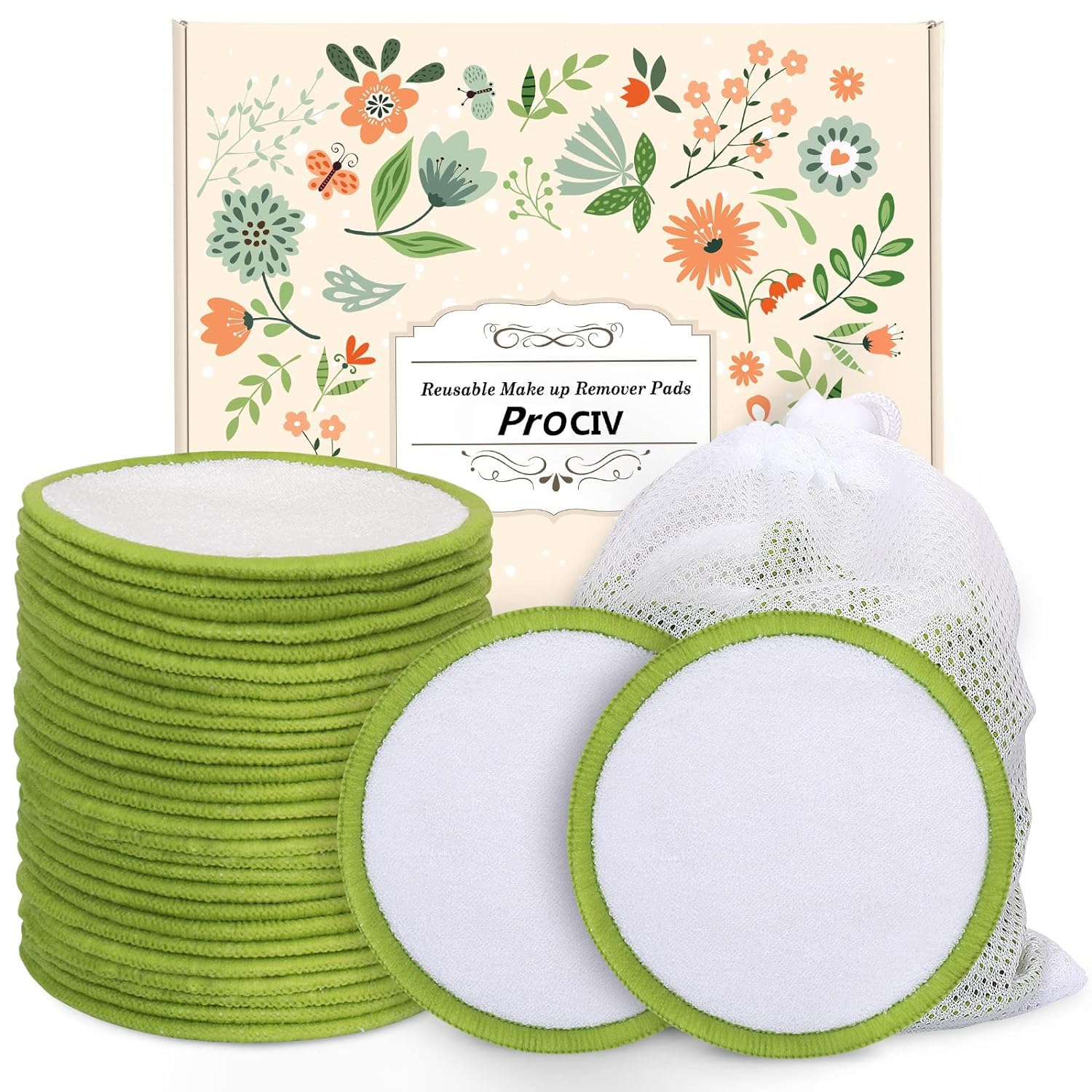 Prociv Reusable Makeup Remover Pads - 20 Packs Washable Organic Bamboo Reusable Cotton Rounds For All Skin Types & Toner With La