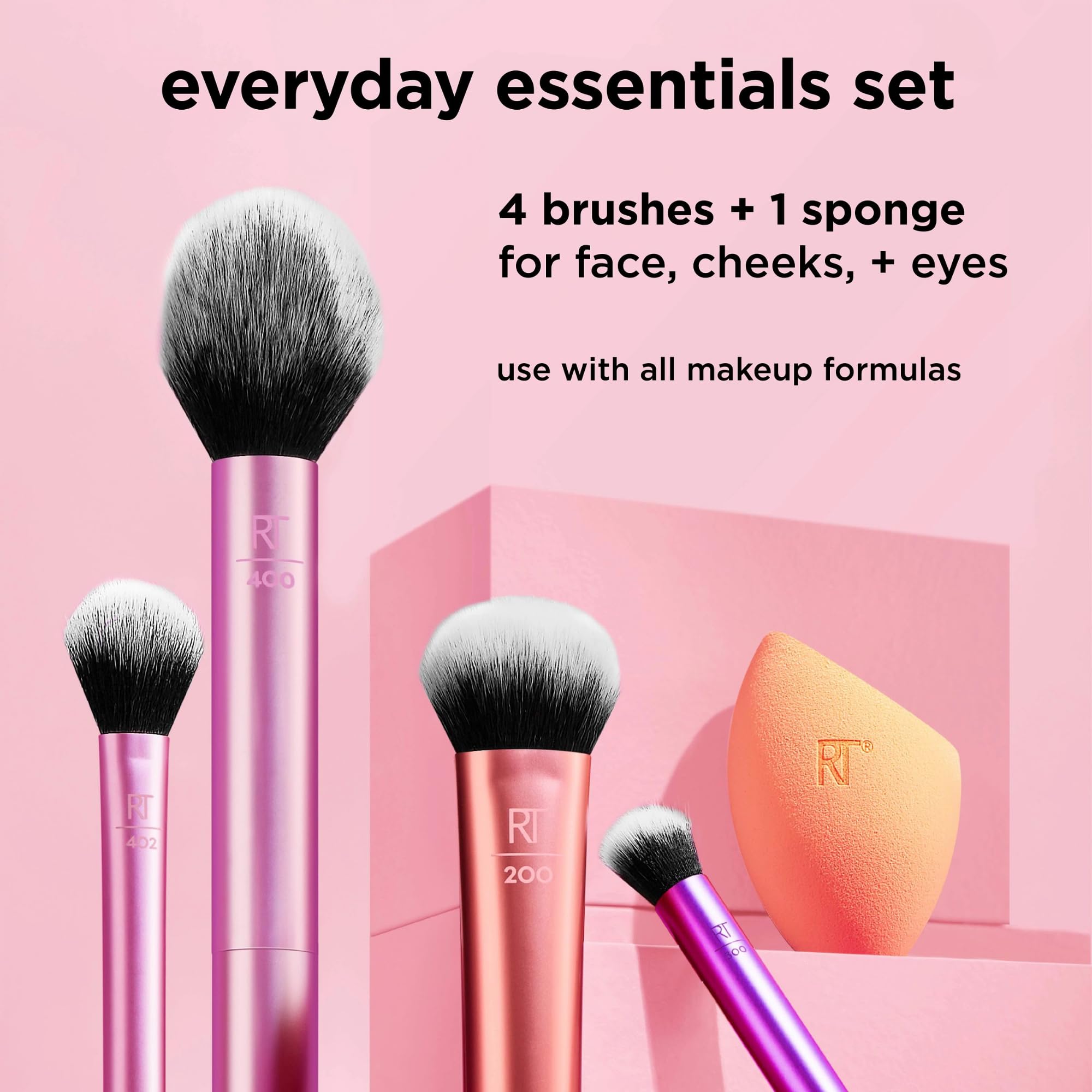 Real Techniques 6 Piece Everyday Essentials Makeup Brush Set, 4 Brushes & 2 Makeup Sponges, For Foundation, Blush, Contour, Eyes