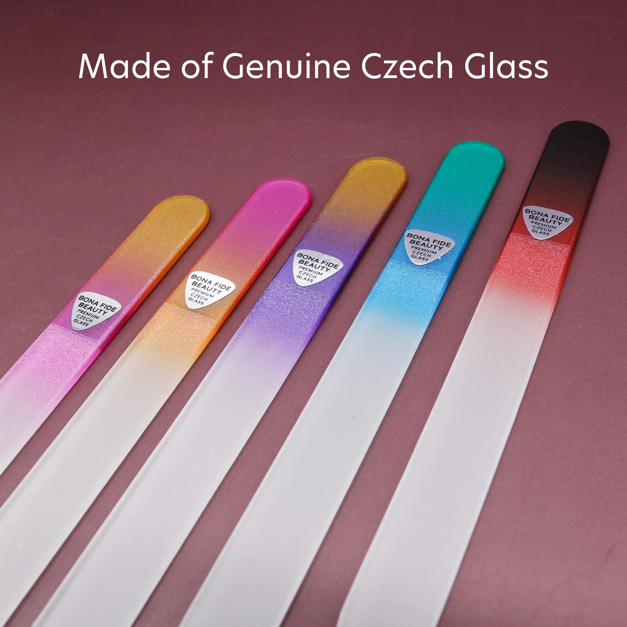 Bona Fide Beauty Czech Glass File Set - 5 Piece Crystal Nail Files (Multicolor). Reusable Bulk Nail Files From The Eu.