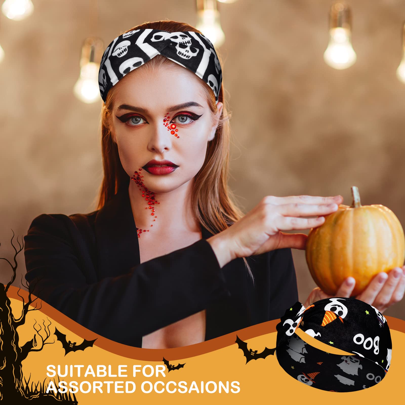 Giegxin 10 Pcs Halloween Headbands for Women Fall Thanksgiving Pumpkin Hair Band Notted Wide Elastic Hair Accessories for Holida