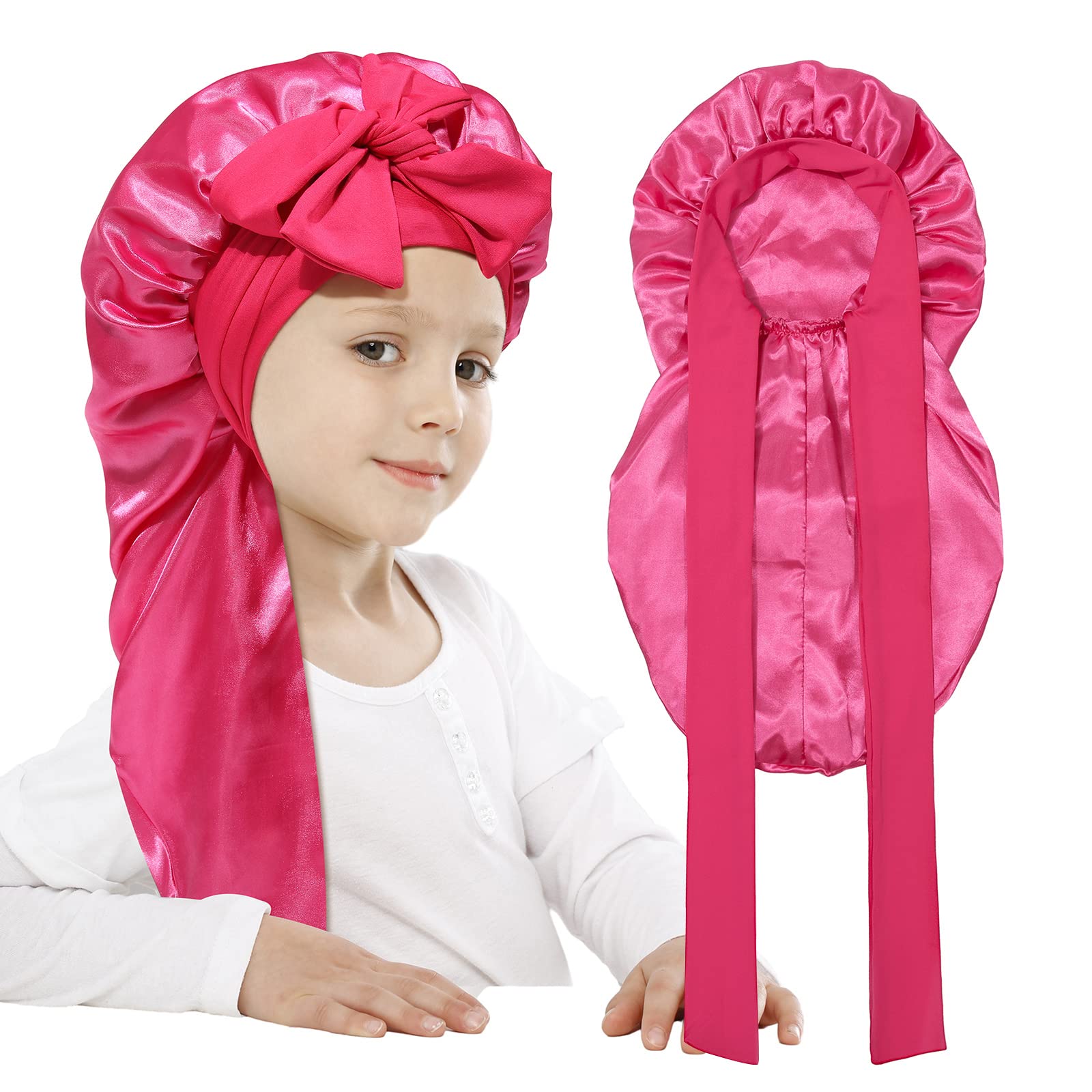 AWAYTR Long Toddler Silk Bonnet for Sleeping Elastic Satin Bonnets for Curly Hair Braid Bonnet Night Cap for Aged 3-12 Kids (Ros