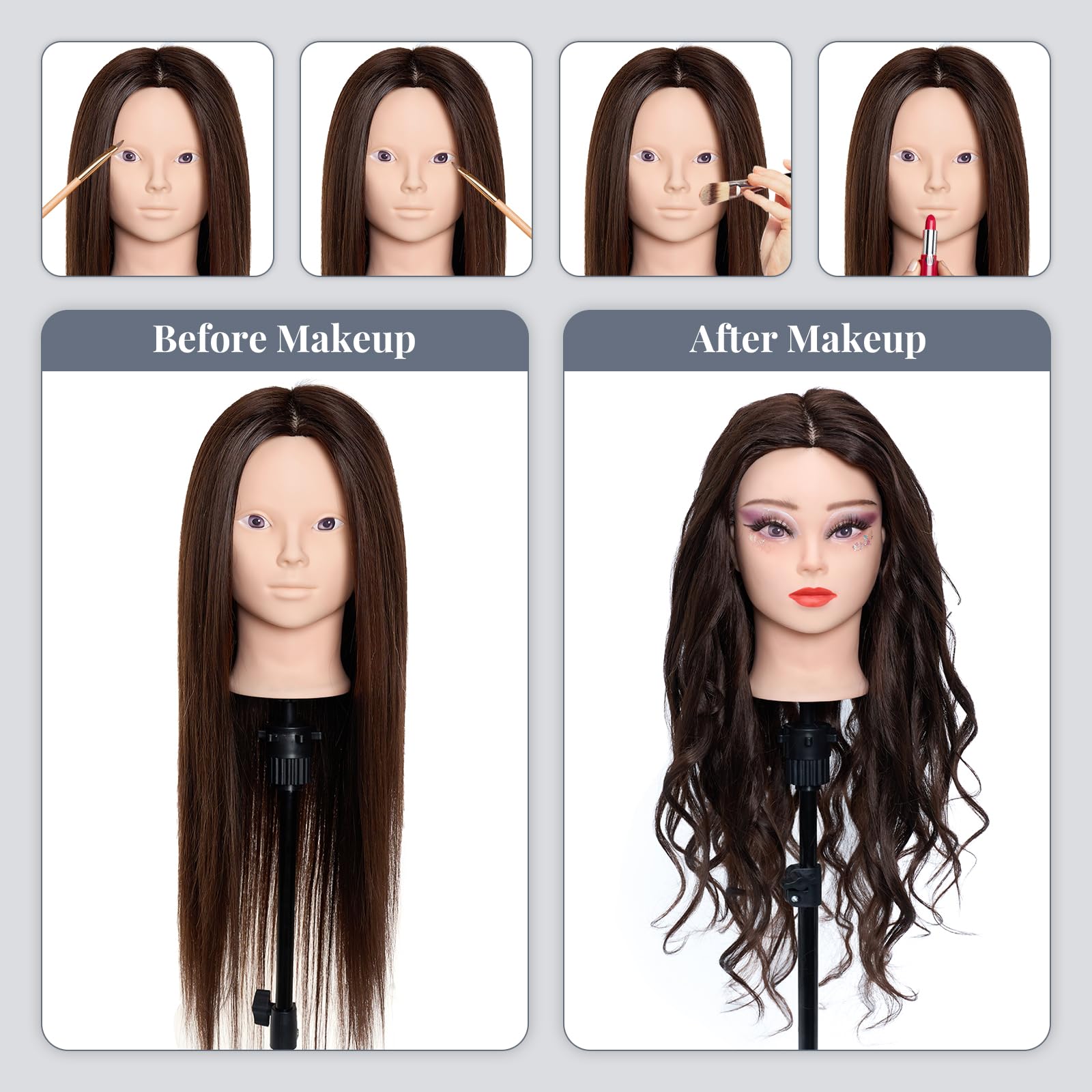 Neverland Beauty & Health 28 Inch Mannequin Head, 80% Real Human Hair, Brown, with Tripod Stand & DIY Hair Styling Set #4
