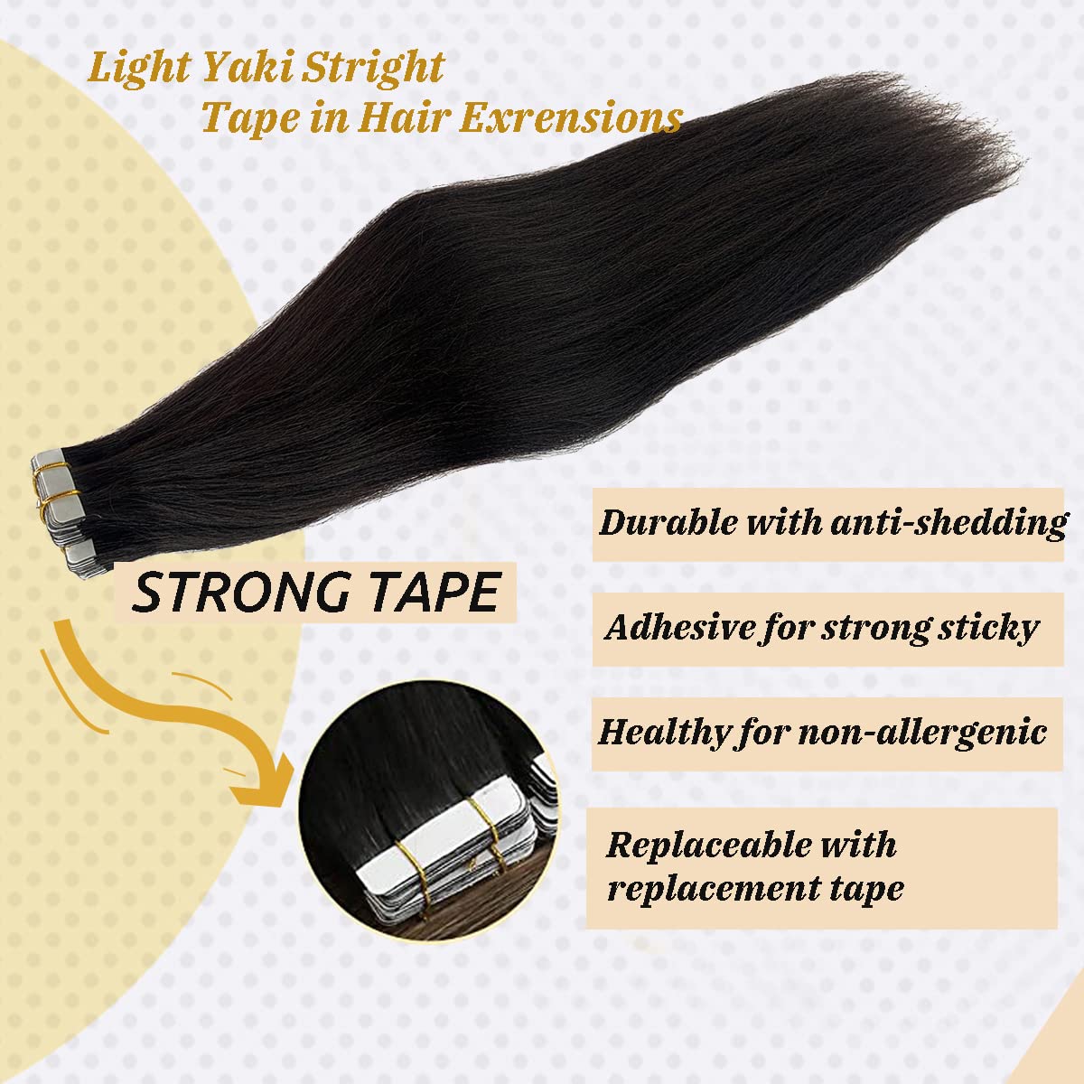 Light Yaki Straight Tape In Hair Extensions 9A Human Hair Pu Skin Weft Tape In Extensions Human Hair #1B Natural Black Color Yak