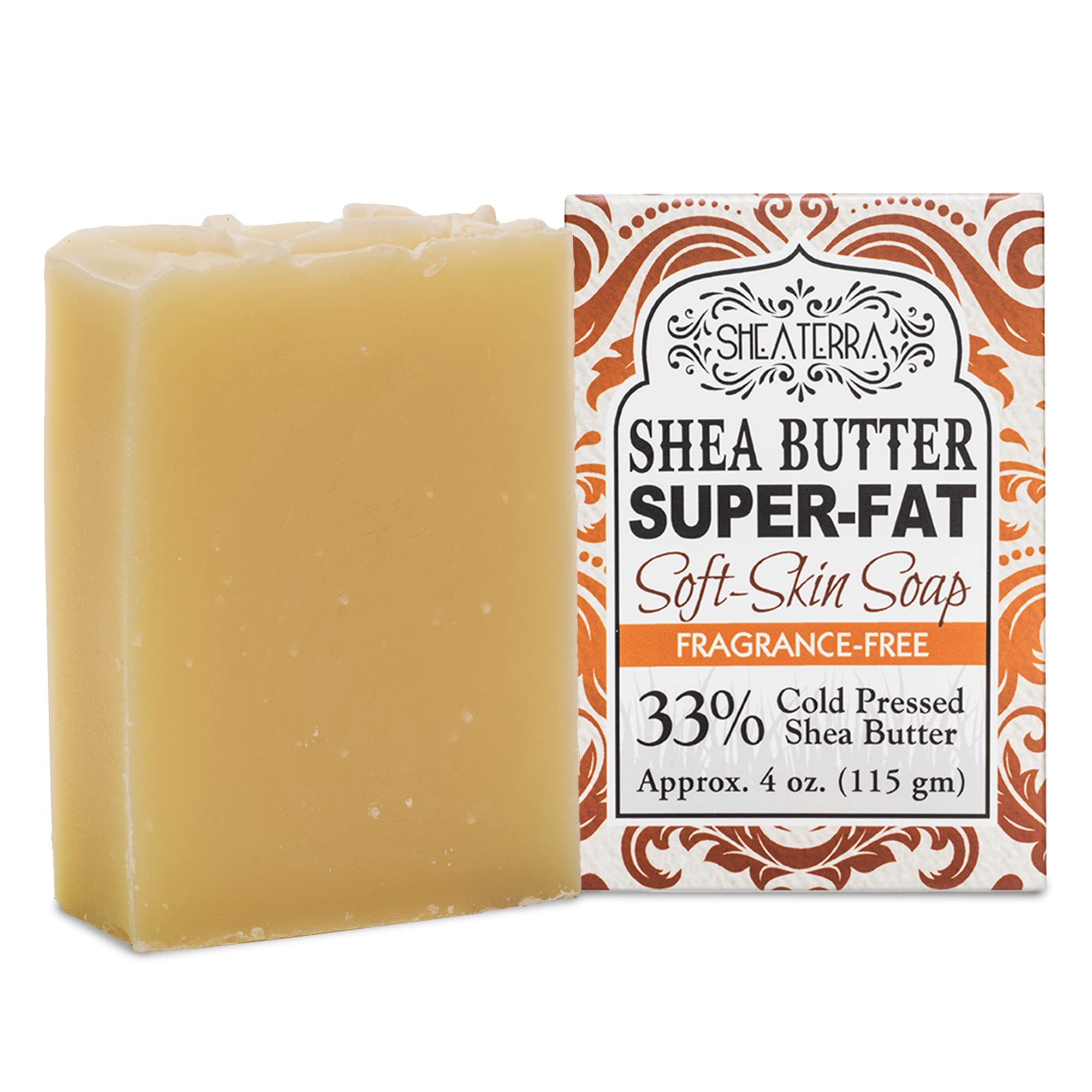 Shea Terra 33% Shea Butter Soap Fragrance Free - All Natural, Emollient Soap Bar that Cleanses, Moisturizes, Soothes & Calms Sen