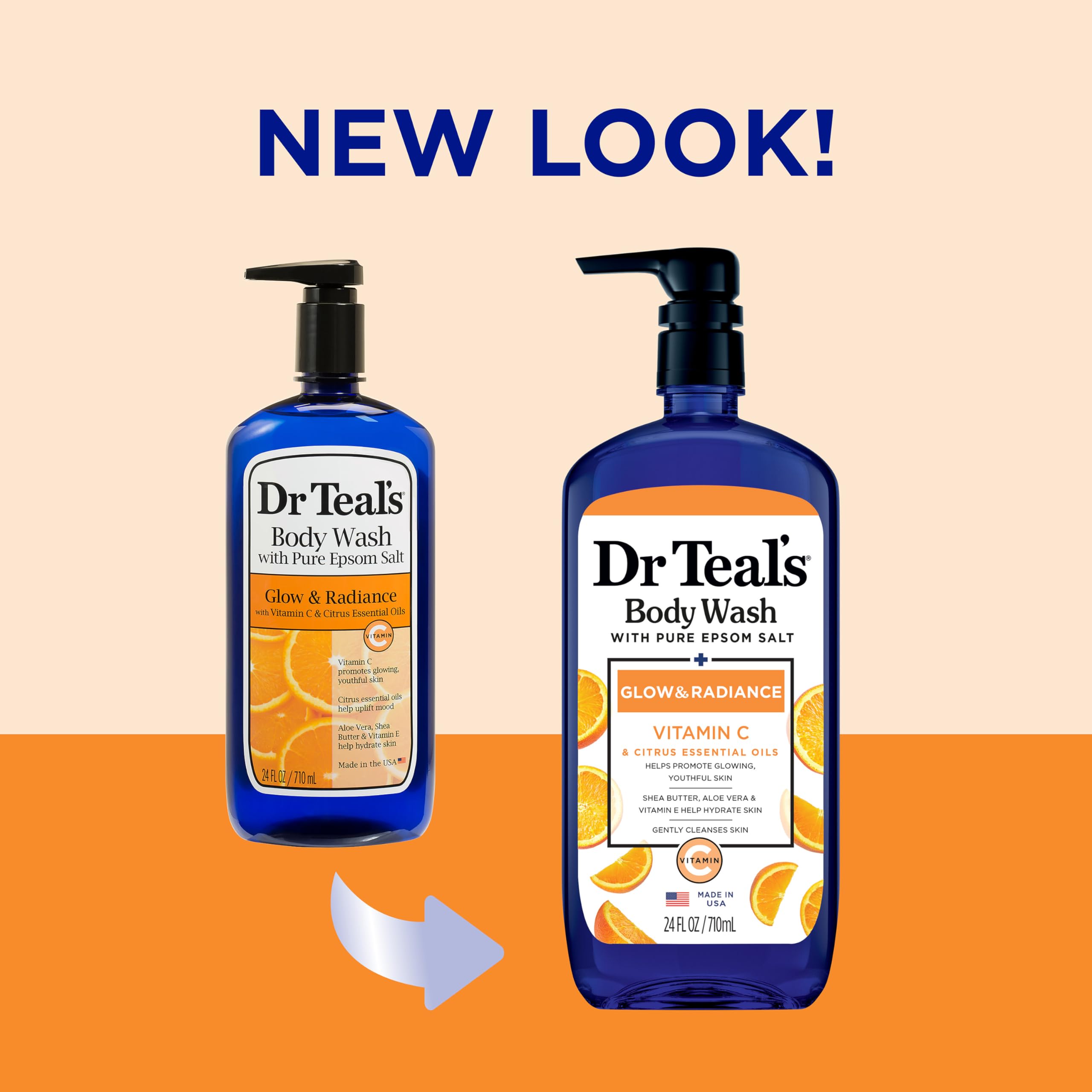 Dr Teal'S Body Wash With Pure Epsom Salt, Glow & Radiance With Vitamin C & Citrus Essential Oils, 24Oz (Pack Of 2) (Packaging Ma