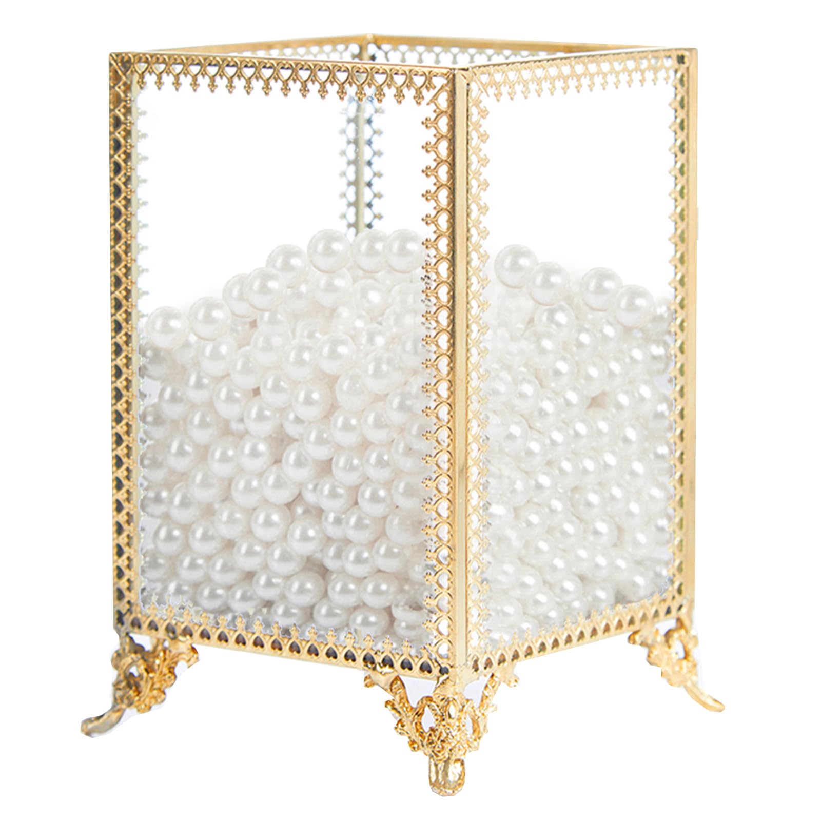 PuTwo Vintage Makeup Brush Holder Glass and Brass Organizer Handmade Cosmetic Brush Storage with White Pearls for Dresser Vanity