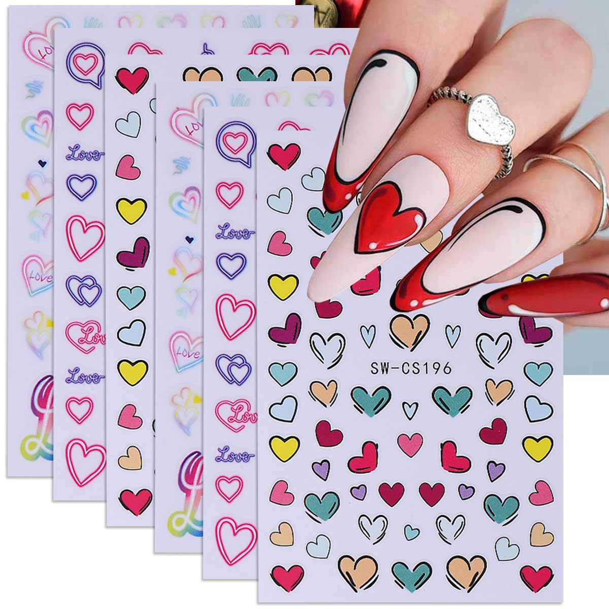 Valentine's Day Nail Art Stickers Decals Colored Heart Nail Stickers for Nail Art 6PCS Retro Graffiti Letter Heart 3D Self-Adhes