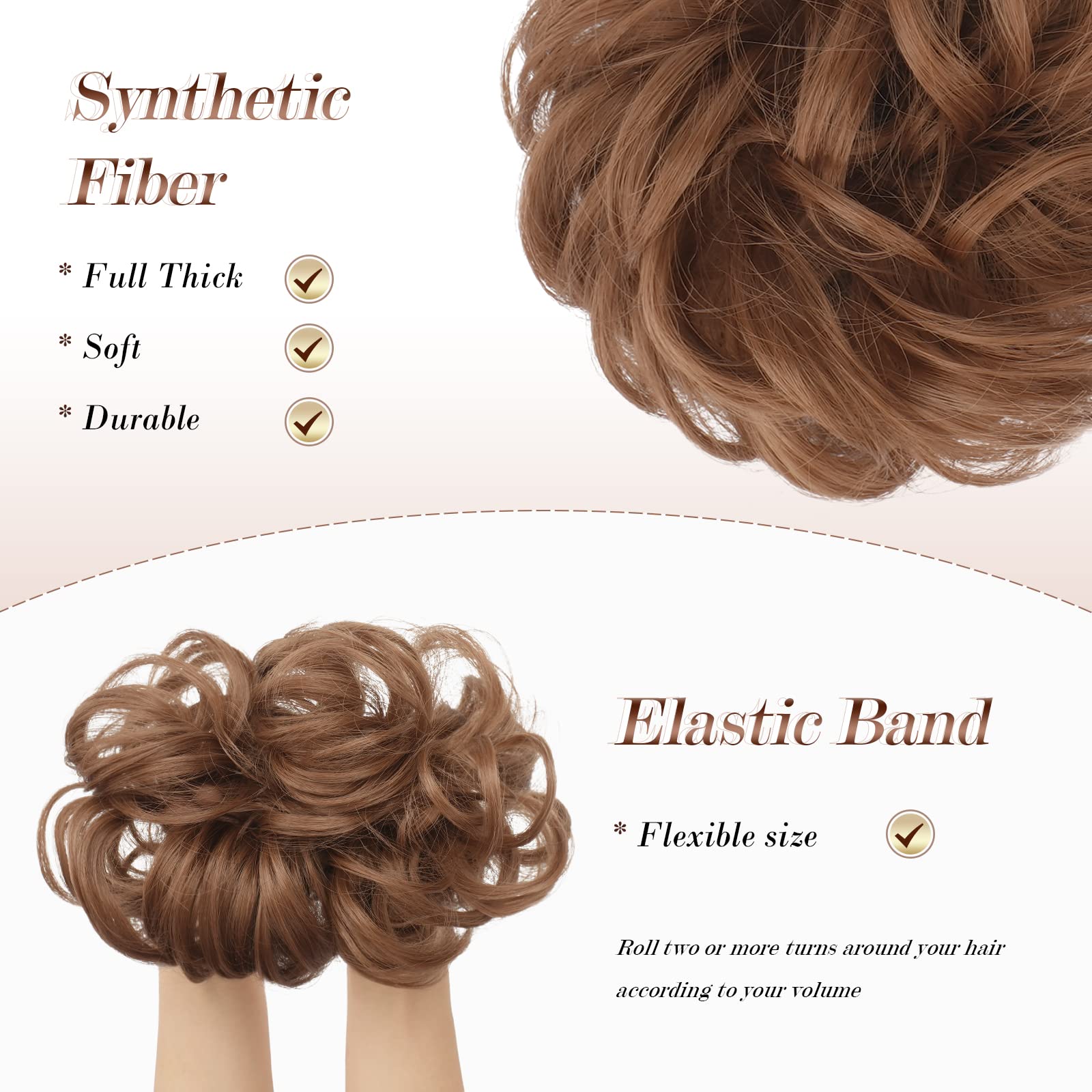 Feshfen Messy Bun Hair Piece Hair Bun Scrunchies Synthetic Light Auburn Wavy Curly Chignon Ponytail Hair Extensions Thick Updo H