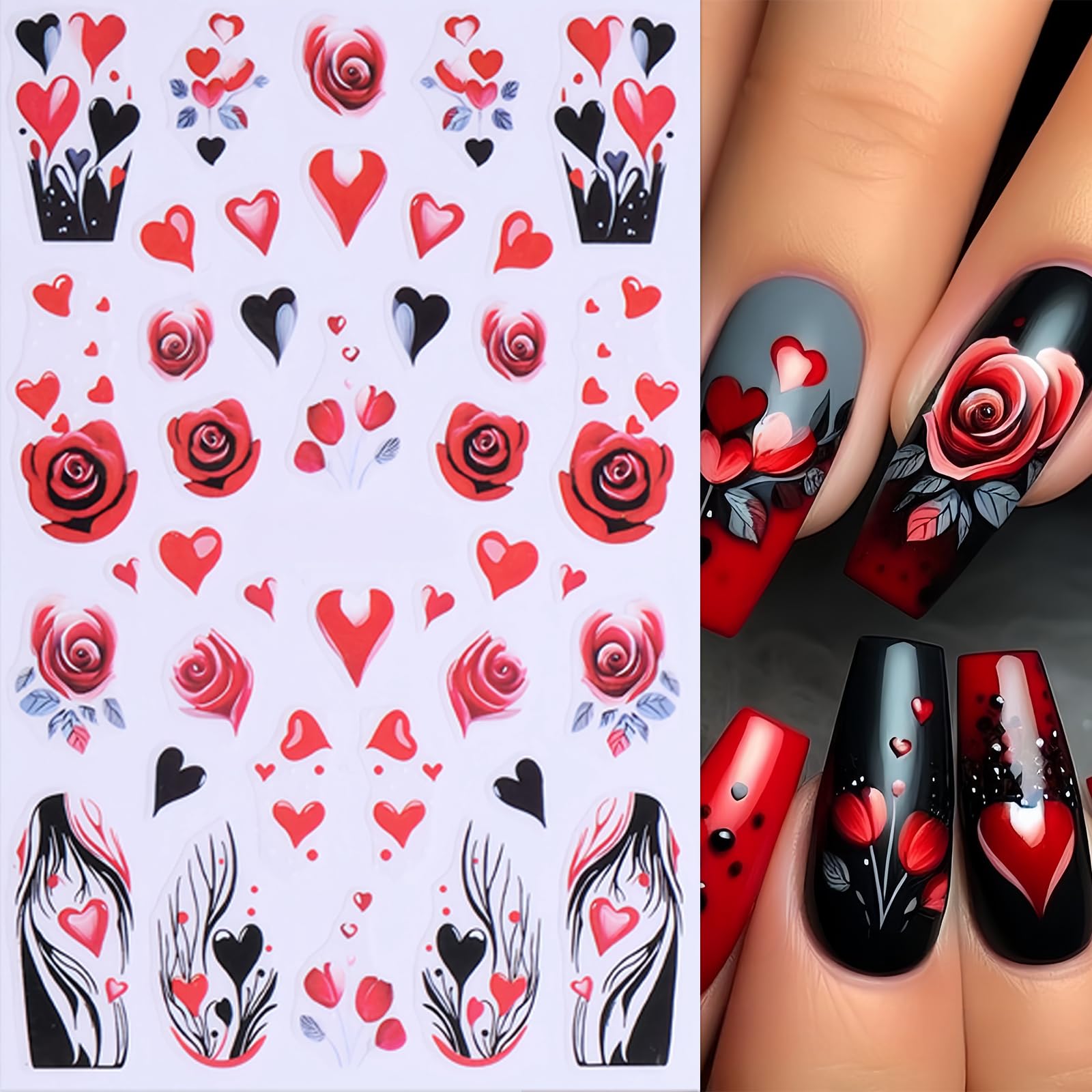 8 Sheets Valentines Day Nail Stickers 3D Self-Adhesive Red Rose Love Angel Nail Decals Small Car Envelope Rose Love Heart Nail D