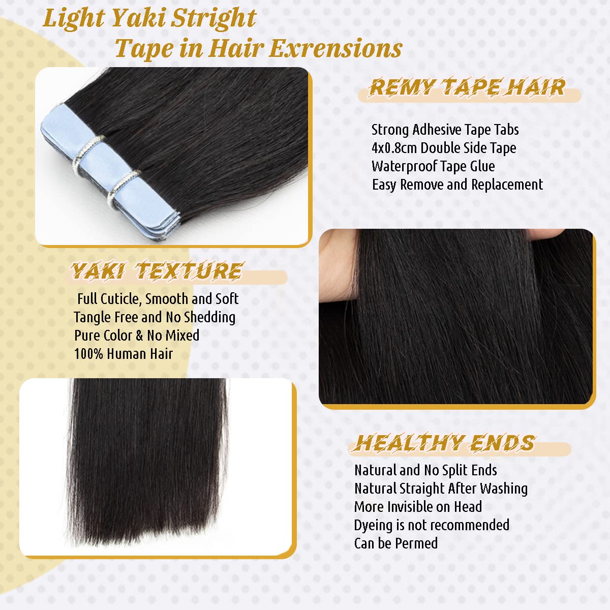 Light Yaki Straight Tape In Hair Extensions 9A Human Hair Pu Skin Weft Tape In Extensions Human Hair #1B Natural Black Color Yak