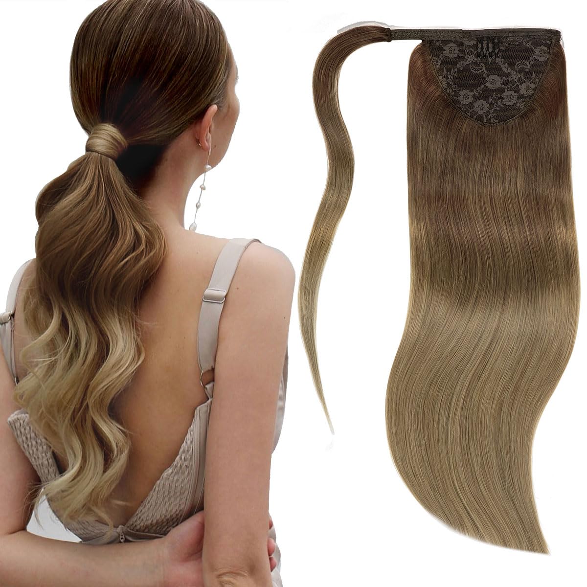 Lacer Balayage Real Hair Ponytail Extension Light Mixed Dark Brown to Light Brown Wrap Around Ponytail Extensions Human Hair Pie