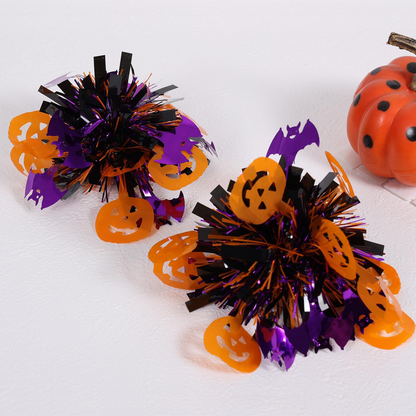 Halloween Hair Bows for Women Girls 2 Pack 4 Glitter Pom Pom Pumpkin Bat Alligator Clips, Sparkly Black Purple Orange Halloween