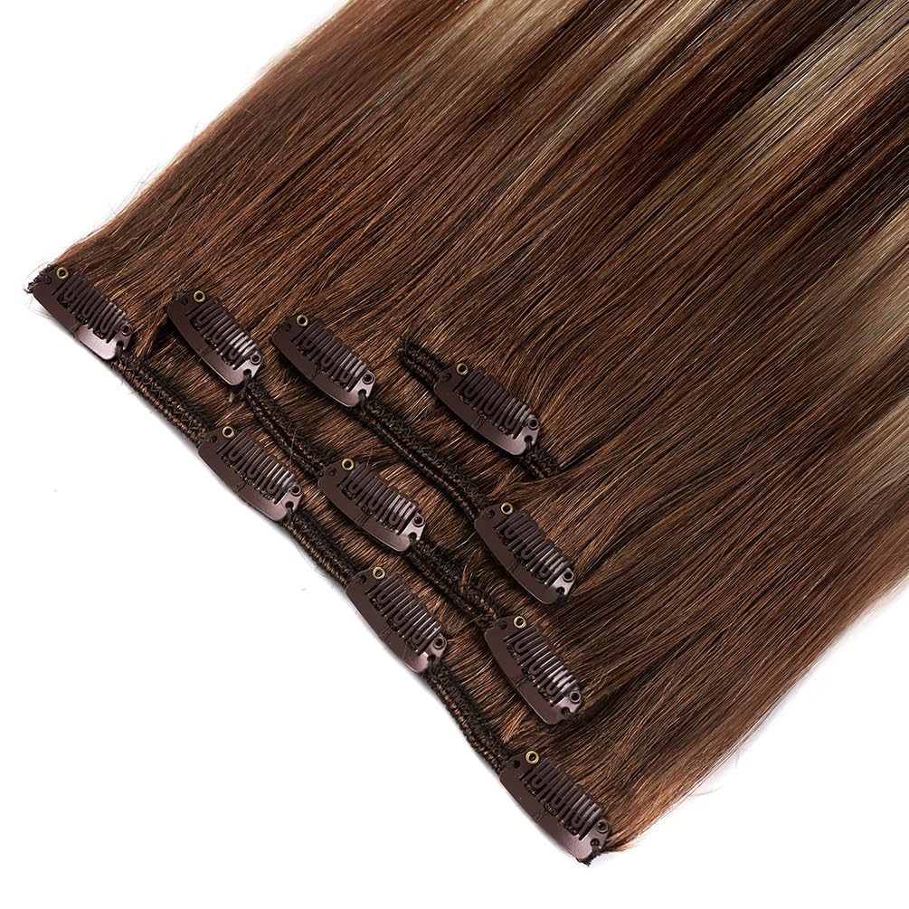 22'' Hair Extensions Clip In Human Hair For Women - Silky Straight Chocolate Brown To Honey Blonde Highlight Brown Ombre Hair 90
