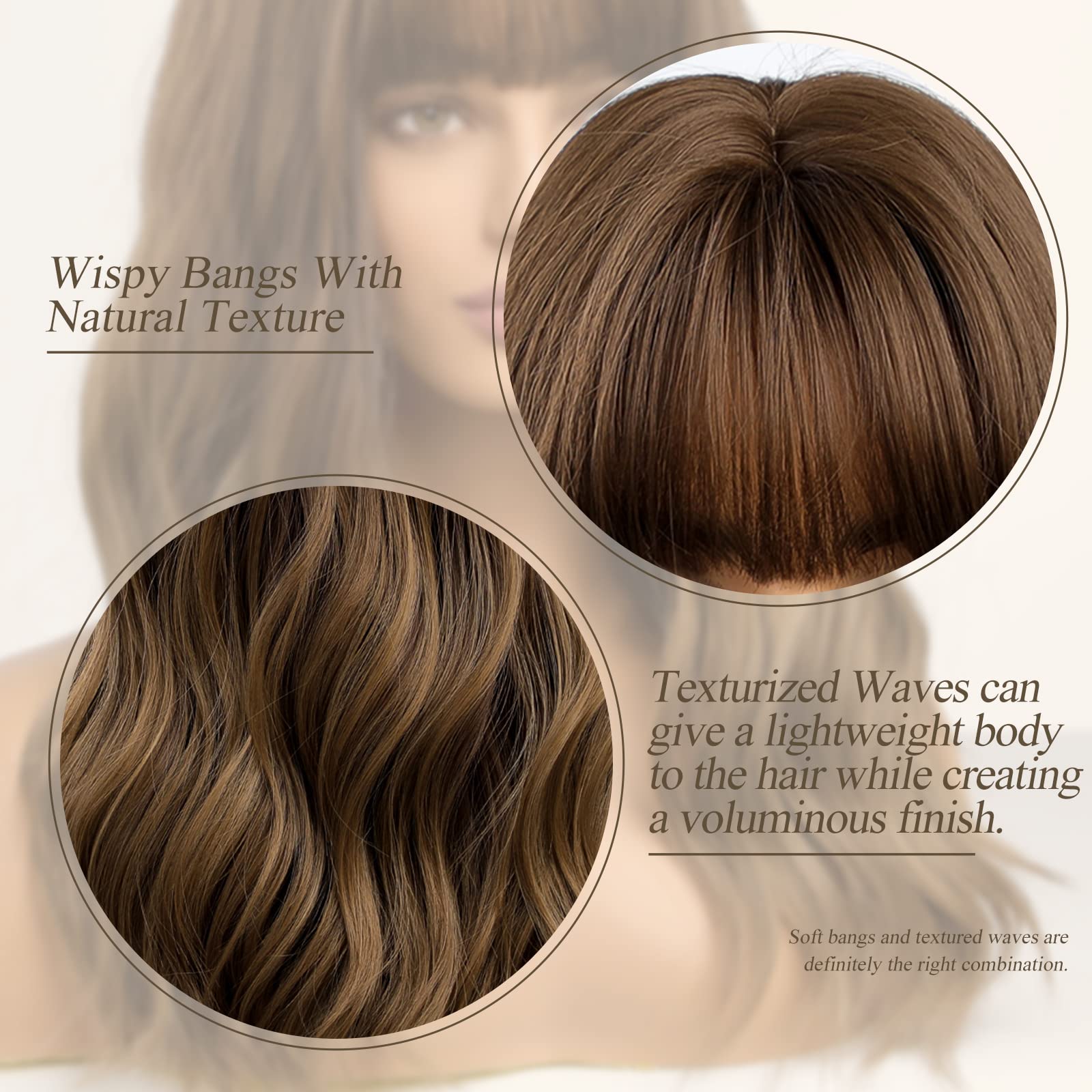 Haircube Long Wave Brown Wigs With Bangs,Ombre Brown Curly Wigs For Women Heat Resistant Synthetic Wigs