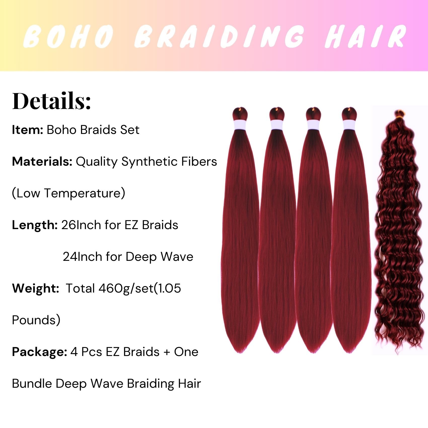 Burgundy Braiding Hair Pre Stretched For Boho Braids Synthetic Prestretched Ez Braiding Hair For Knotless Box Braids Bohemian Br