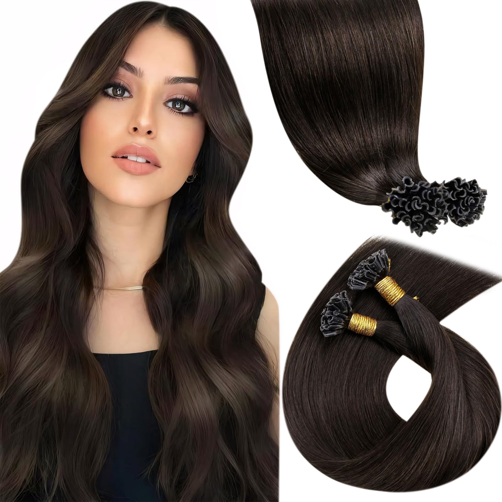 LaaVoo U Tip Hair Extensions Human Hair Brown K Tip Hair Extensions Real Human Hair Utip Hair Extension Darkest Brown 100g 100s 