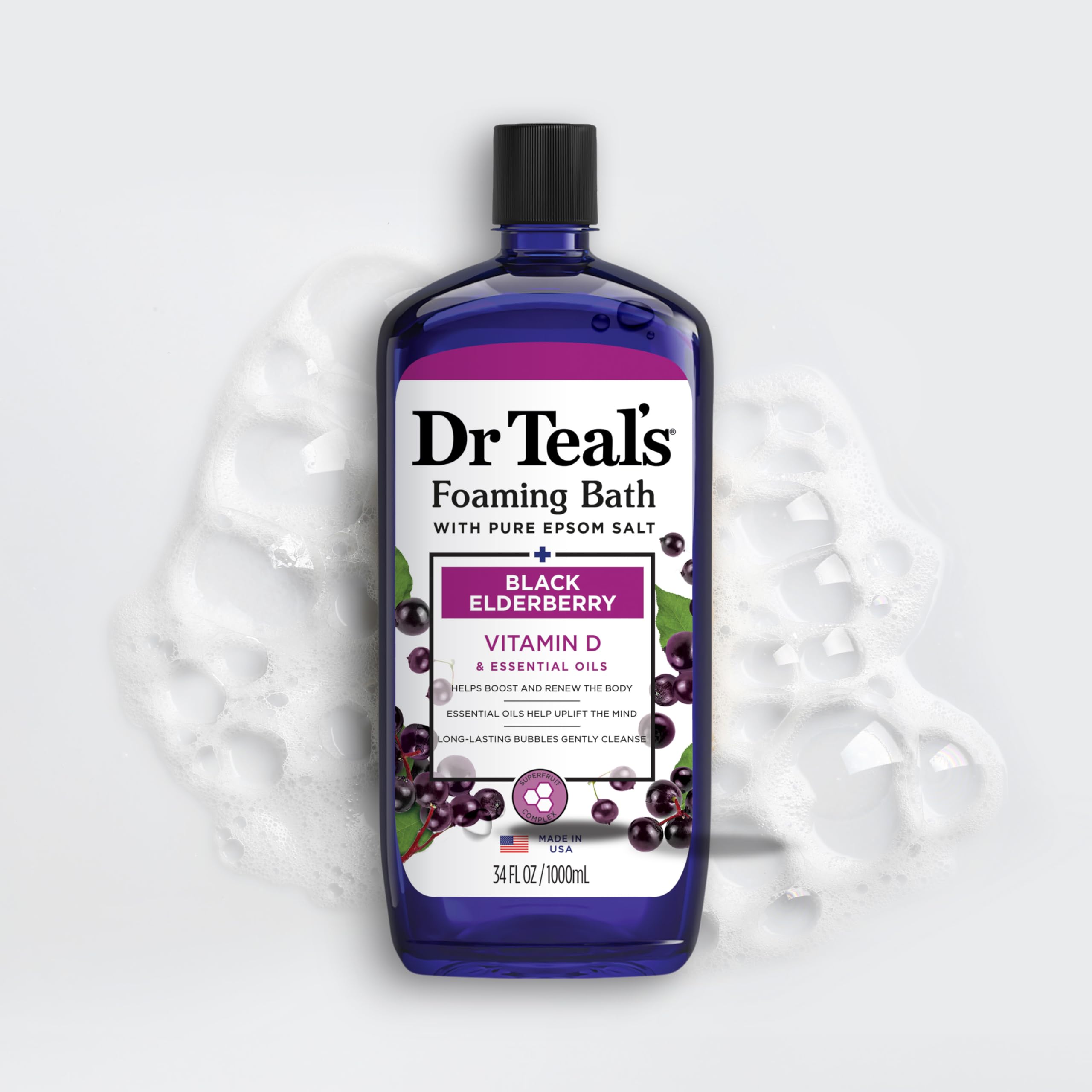 Dr Teal'S Foaming Bath With Pure Epsom Salt, Black Elderberry With Vitamin D, 34 Fl Oz (Pack Of 4) (Packaging May Vary)