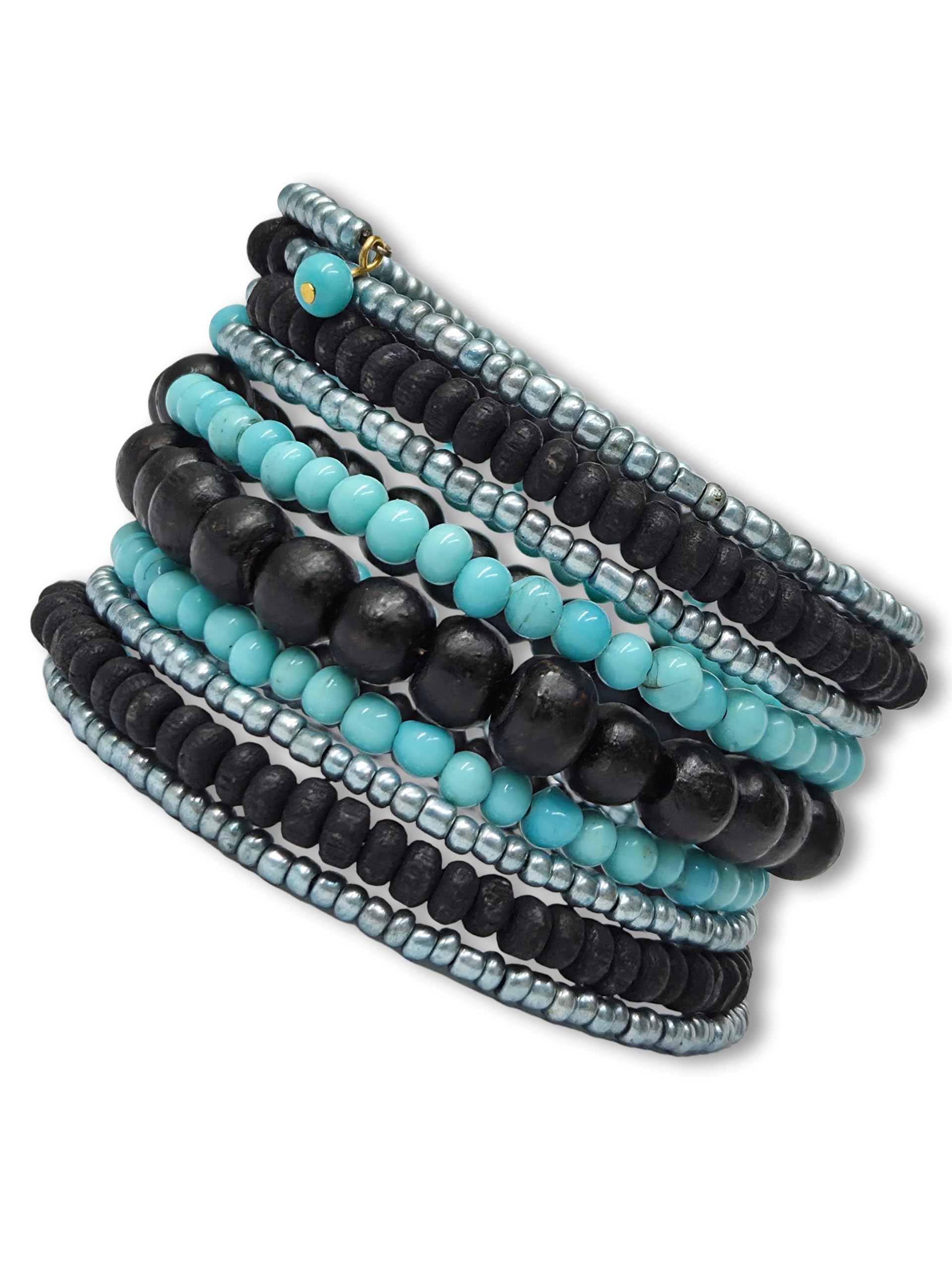 Dca Handmade Turquoise And Black Coil Bracelet, Glass And Wood Beads, WomenS Multilayer Wrap Style