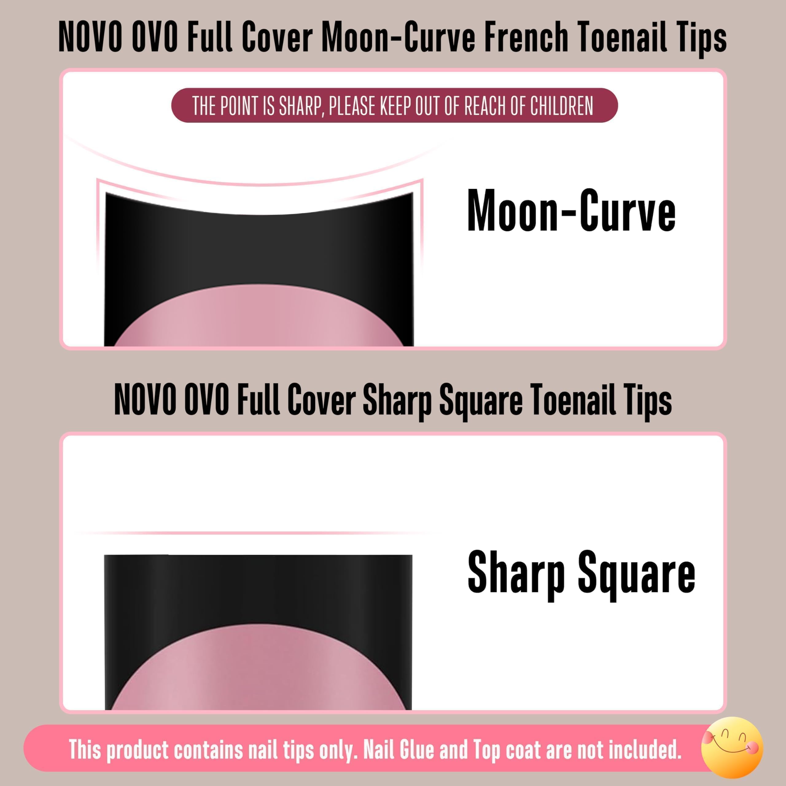 NOVO OVO Halloween Black French Tip Short Toe Nail Tips Press on with Moon Curve, BERRY PINK Thick Sharp Square Toenail Extensio