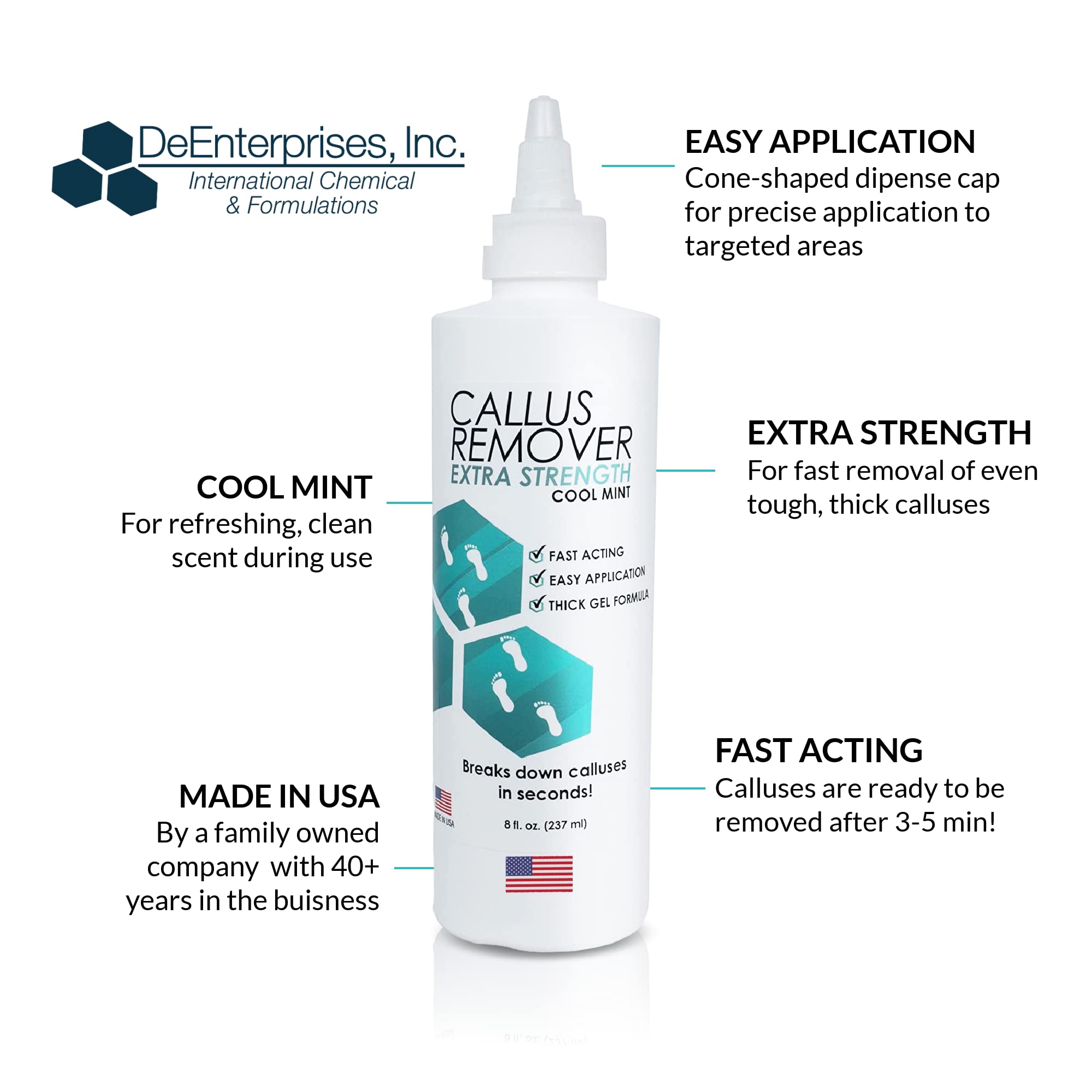 DeEnterprises Callus Remover Gel, Extra Strength, 8oz, Clear - Heavy Duty Foot Care for Rough, Dry, Cracked Skin, Cool Mint