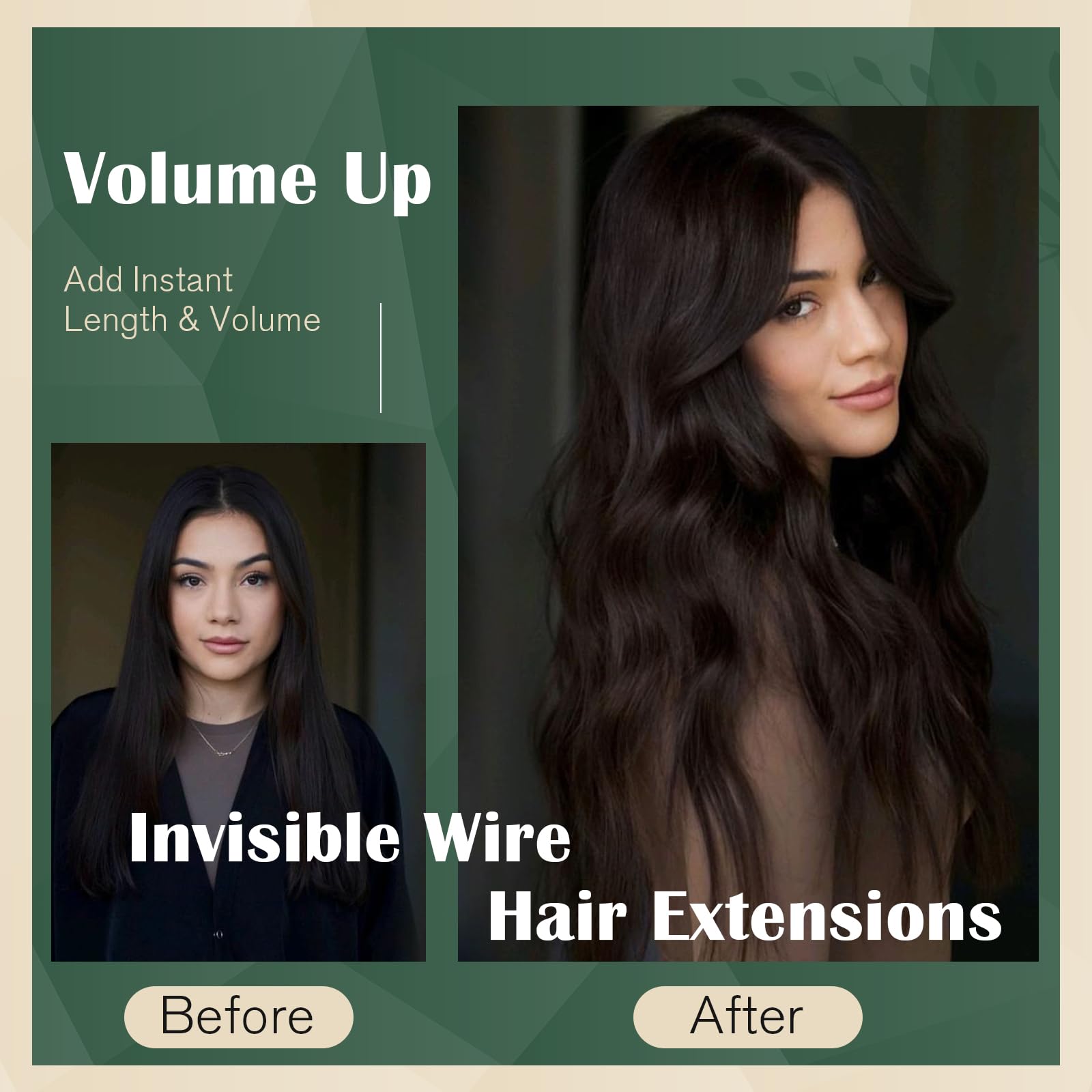 Ugeat Brown Hair Extensions Invisible Wire Hair Extensions Real Human Hair #2 Brunette Hair Extensions Straight Wire Human Hair