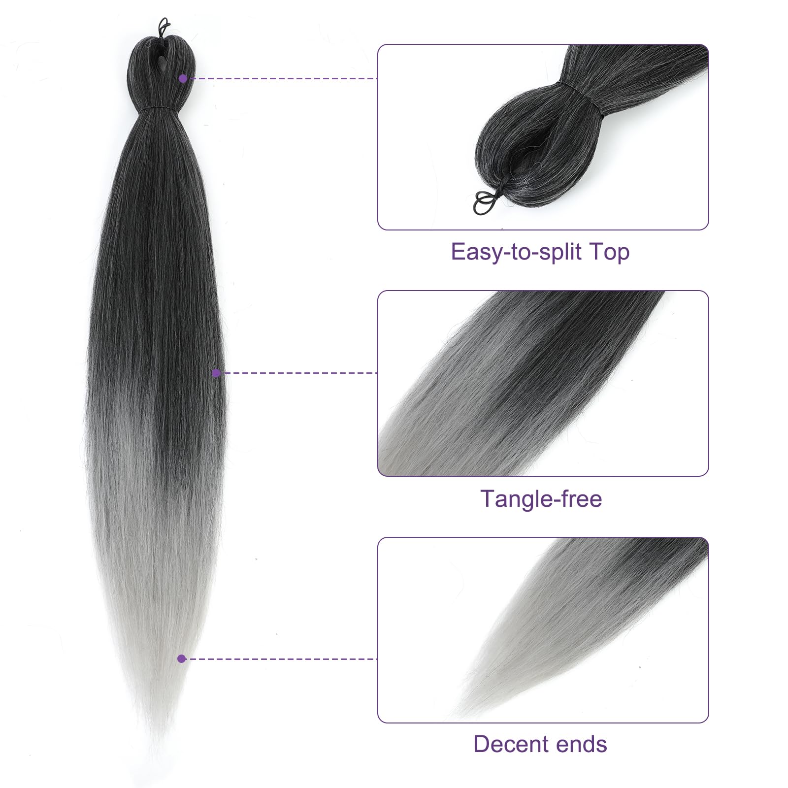 Rosdina Pre-Stretched Braiding Hair - 26 Inch 8 Packs Ombre Gray Long Braiding Hair For Twist Or Box Braids, Yaki Texture Hot Wa