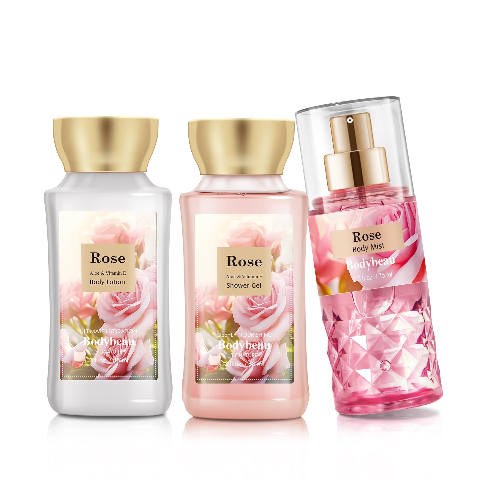 Bath And Body Gift Set For Women & Girls, Rose 3Pcs Set For - Shower Gel, Body Lotion, Body Mist, Personal Portable Body Care Tr