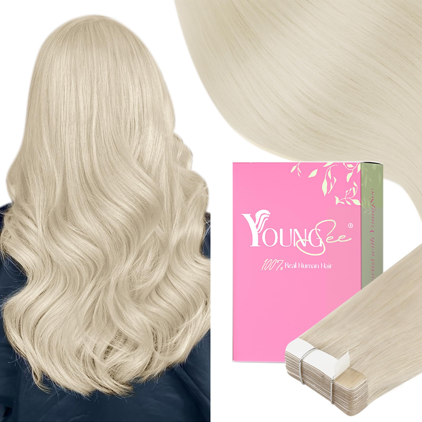 YoungSee Platinum Blonde Tape in Hair Extensions Real Human Hair 22In Platinum Blonde Tape in Hair Extensions 20pcs Invisible Ta