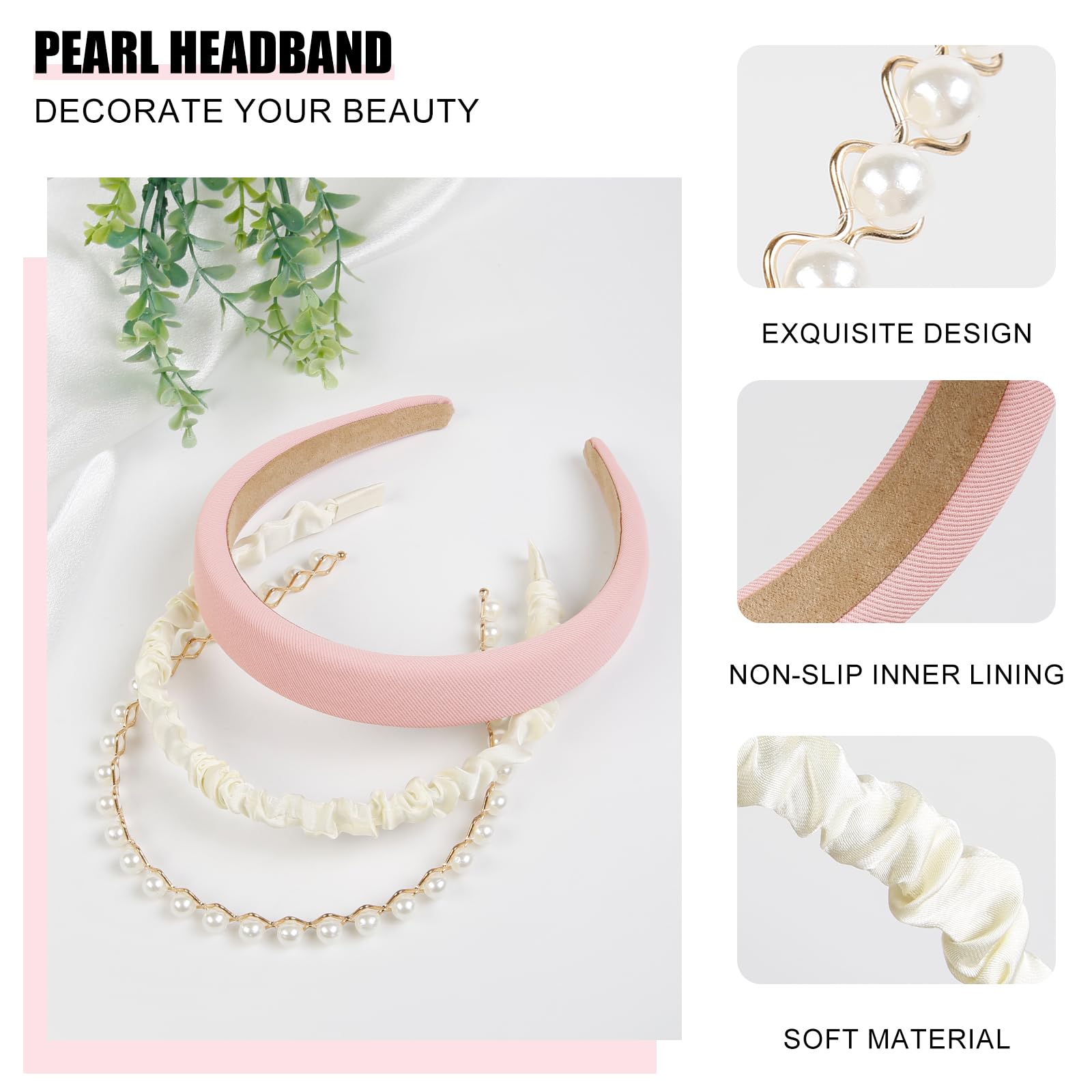 3Pcs Pink Head Bands, Fashion Headbands For Women Non Slip Wide Head Bands For Women'S Hair Pearl Headband Trendy Padded Headban