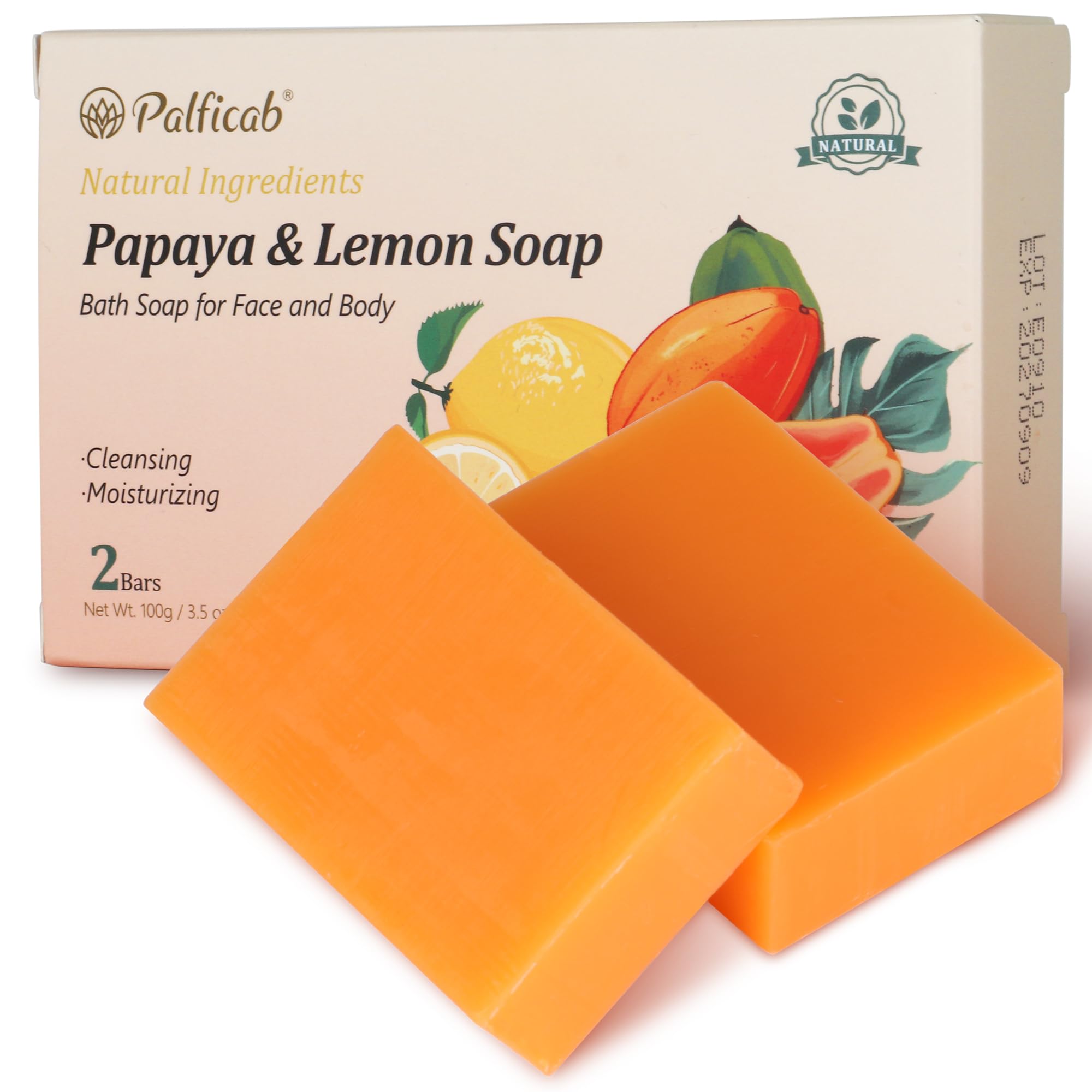 PALFICAB Natural Soap with Papaya & Lemon, Exfoliating Bar Soap for Men & Women, Smooth & Moisturizing Lather with Coconut Oil &