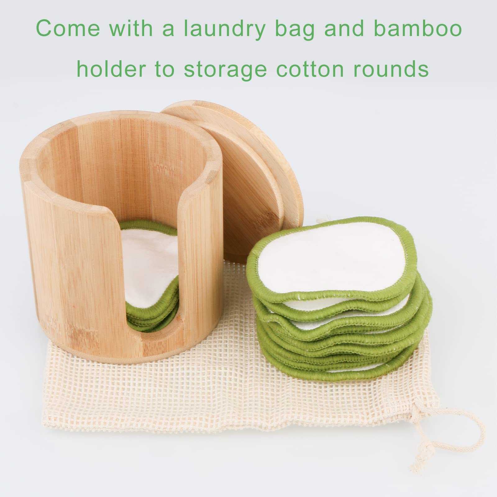 UNIMEIX Reusable Makeup Remover Pads - 16 Pack Organic Cotton Rounds with Bamboo Holder, Green