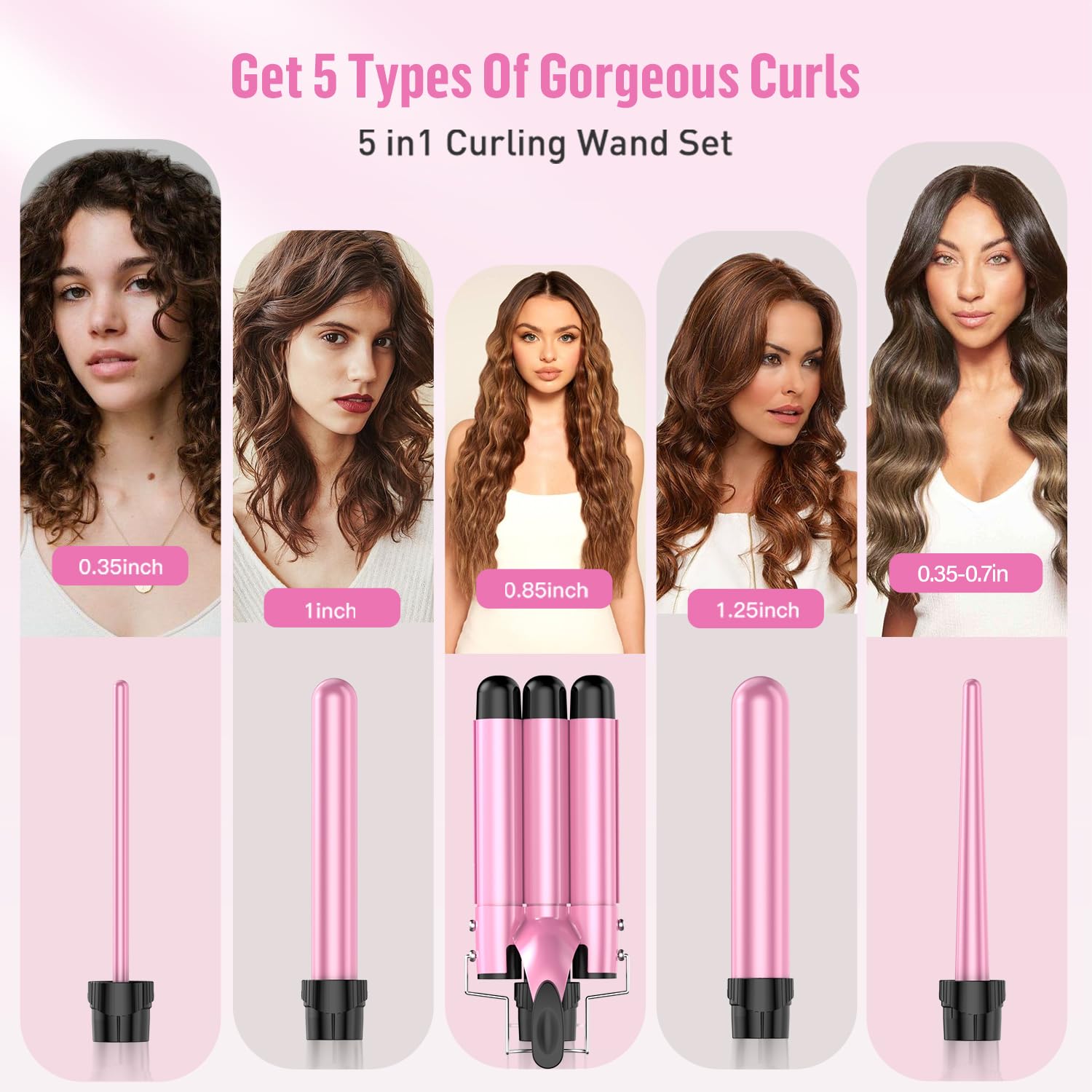 Waver Curling Iron Curling Wand - BESTOPE PRO 5 in 1 Curling Wand Set with 3 Barrel Hair Crimper for Women, Fast Heating Crimper